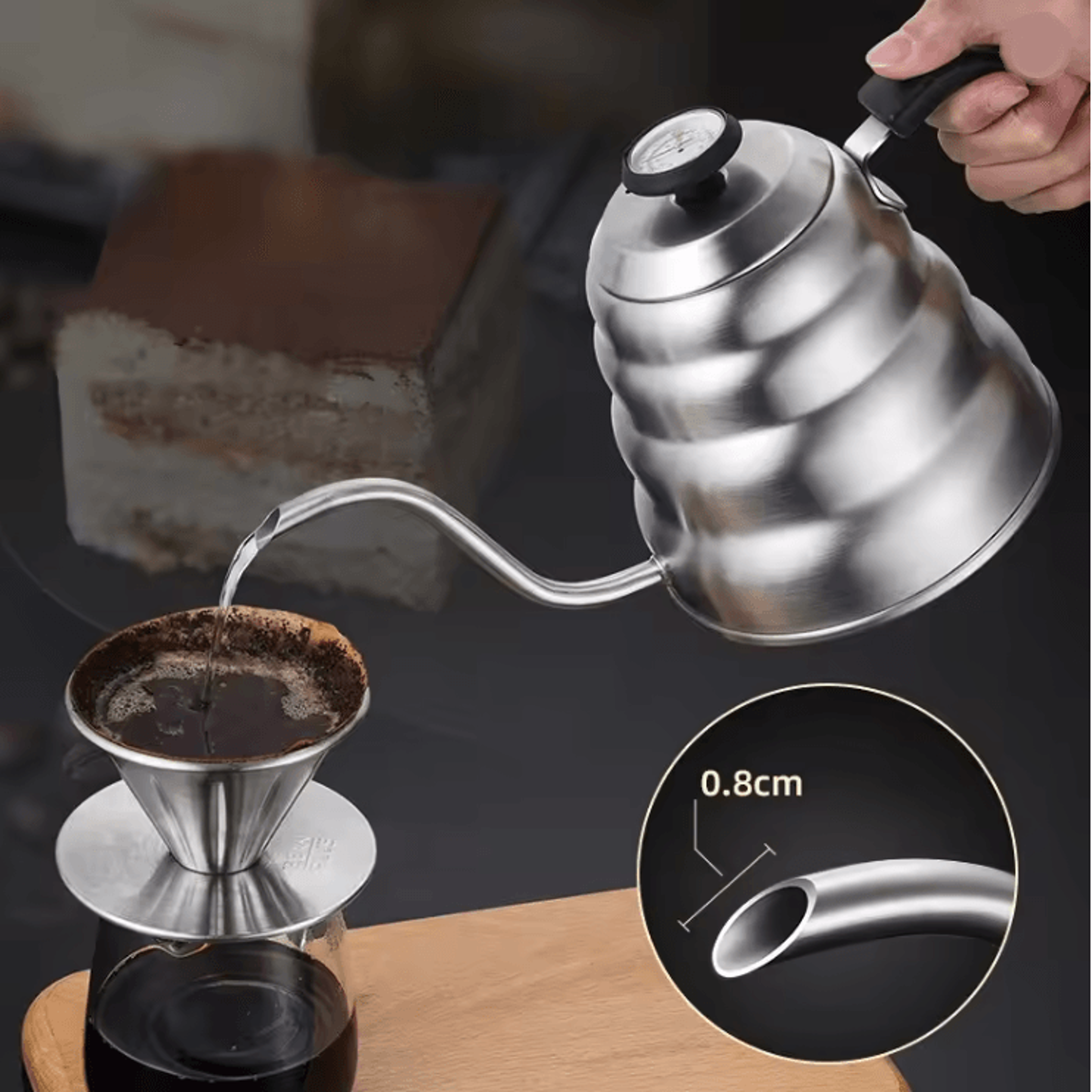 Stainless Steel Pour Over Coffee Pot With Thermometer And Long Neck Design 0