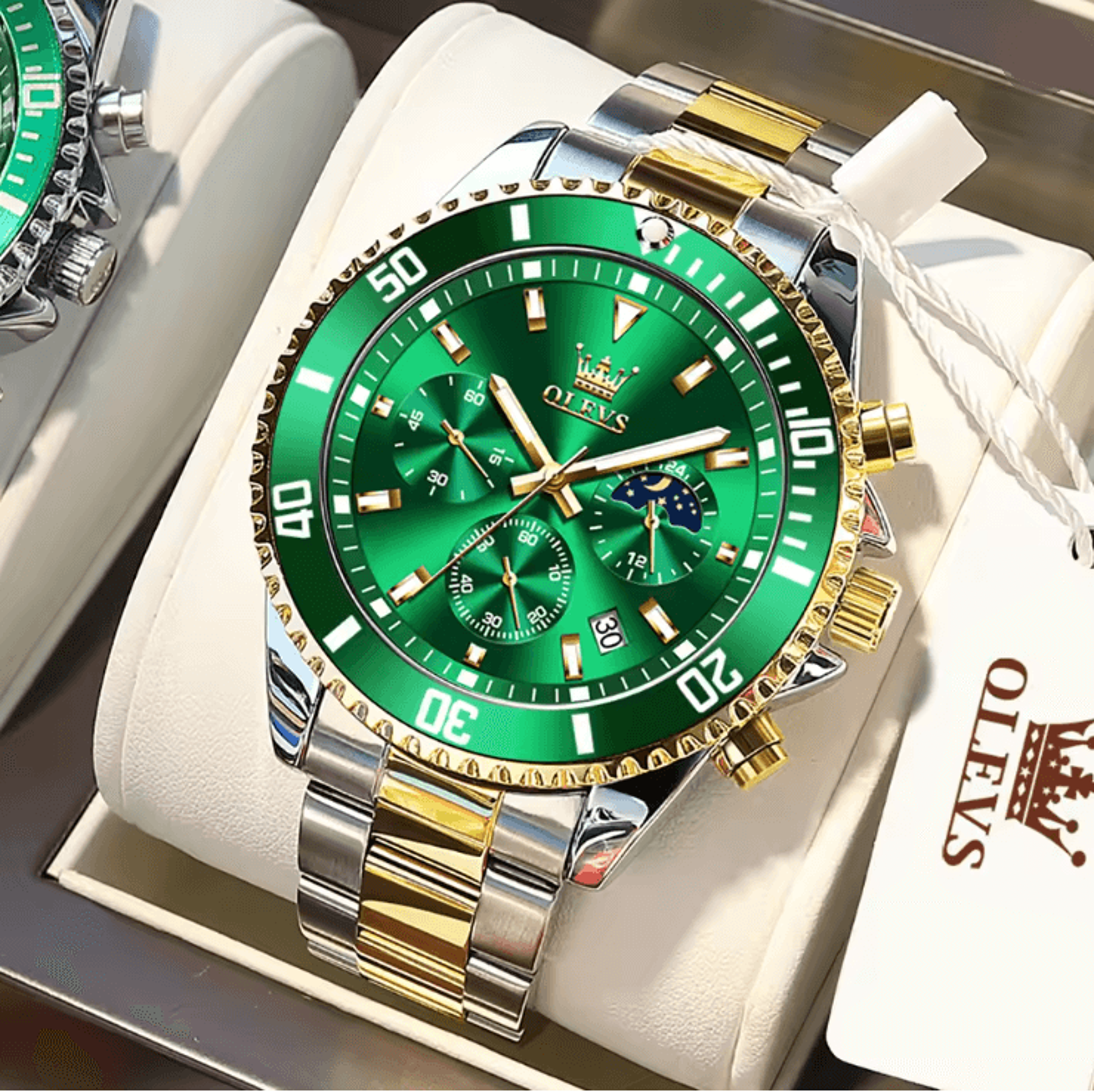 OLEVS Luxury Mens Watch Stainless Steel Chronograph Waterproof With Moon Phase 6