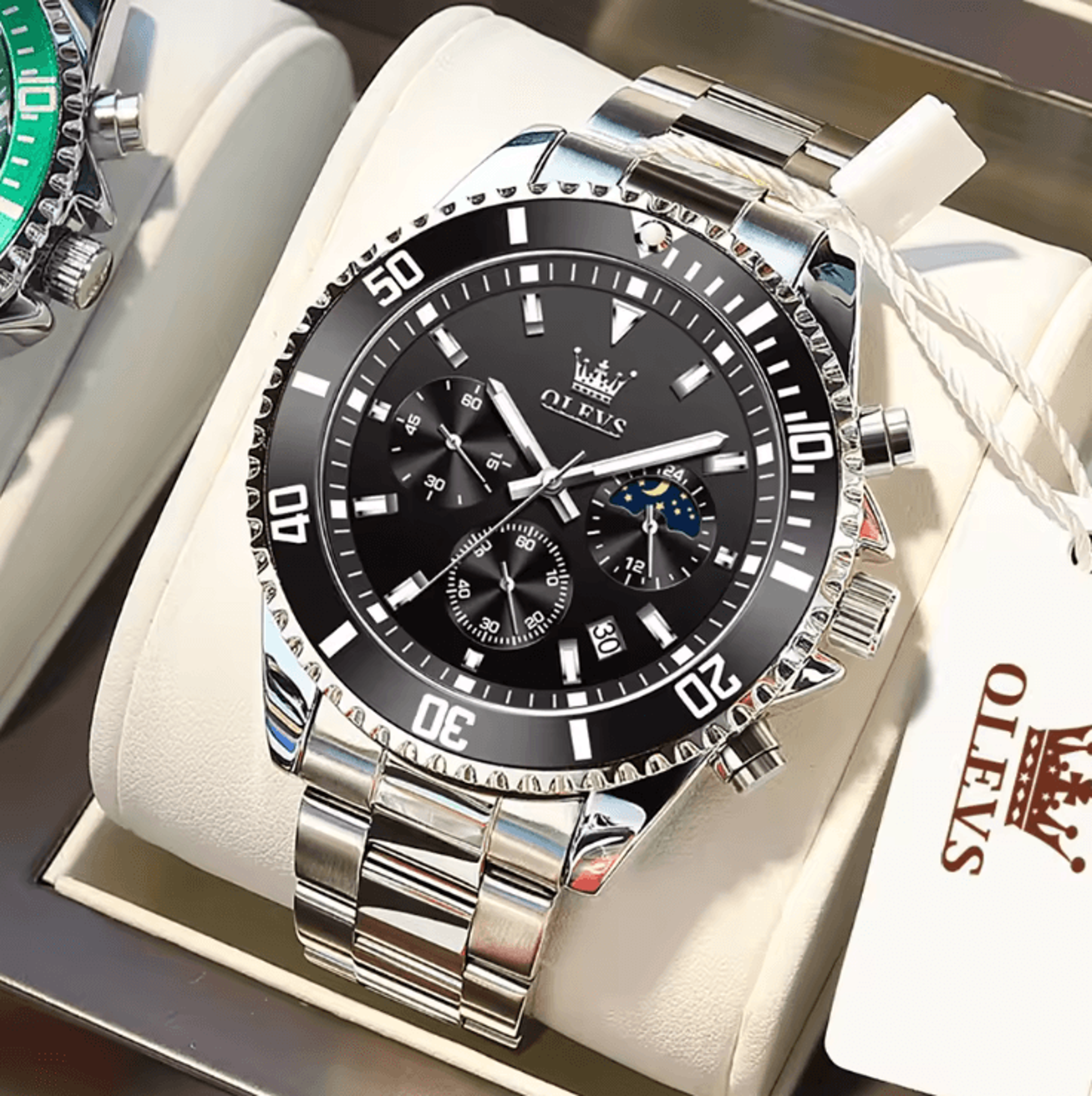 OLEVS Luxury Mens Watch Stainless Steel Chronograph Waterproof With Moon Phase 8