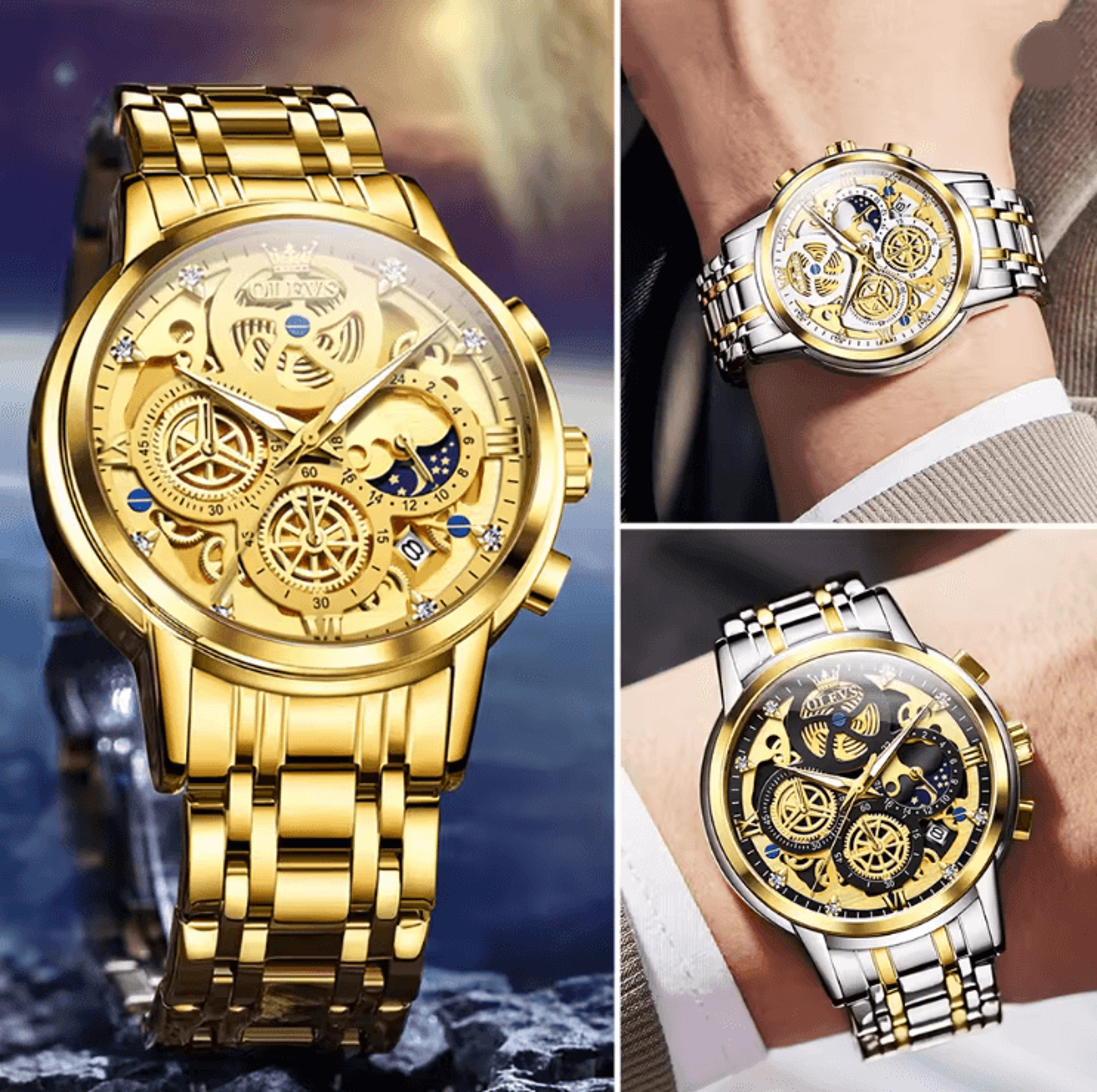 OLEVS Luxury Skeleton Quartz Watch For Men Waterproof Day Night Display 2