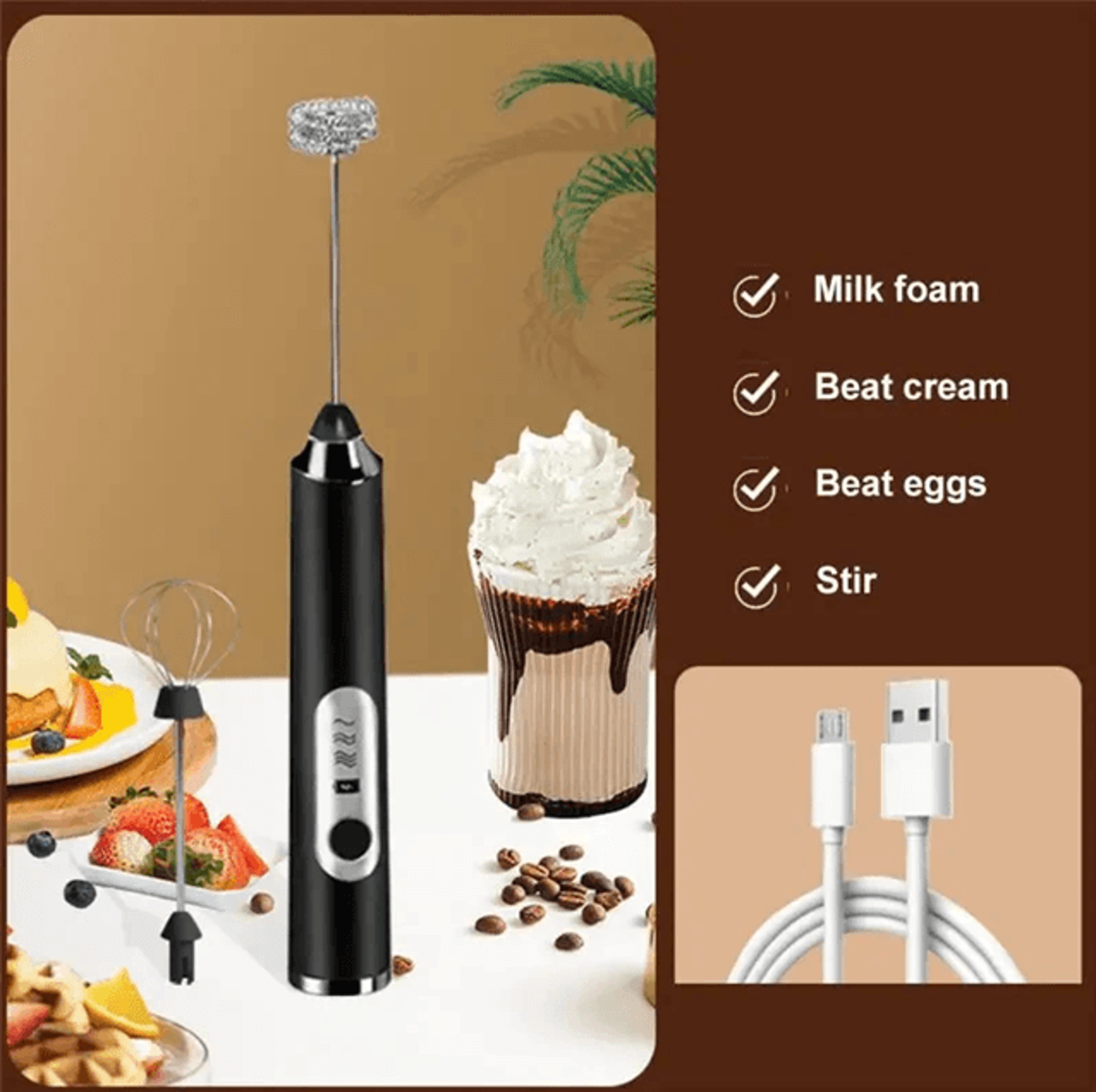 Wireless Handheld Milk Frother With Double Whisk And Three Speed Control 5