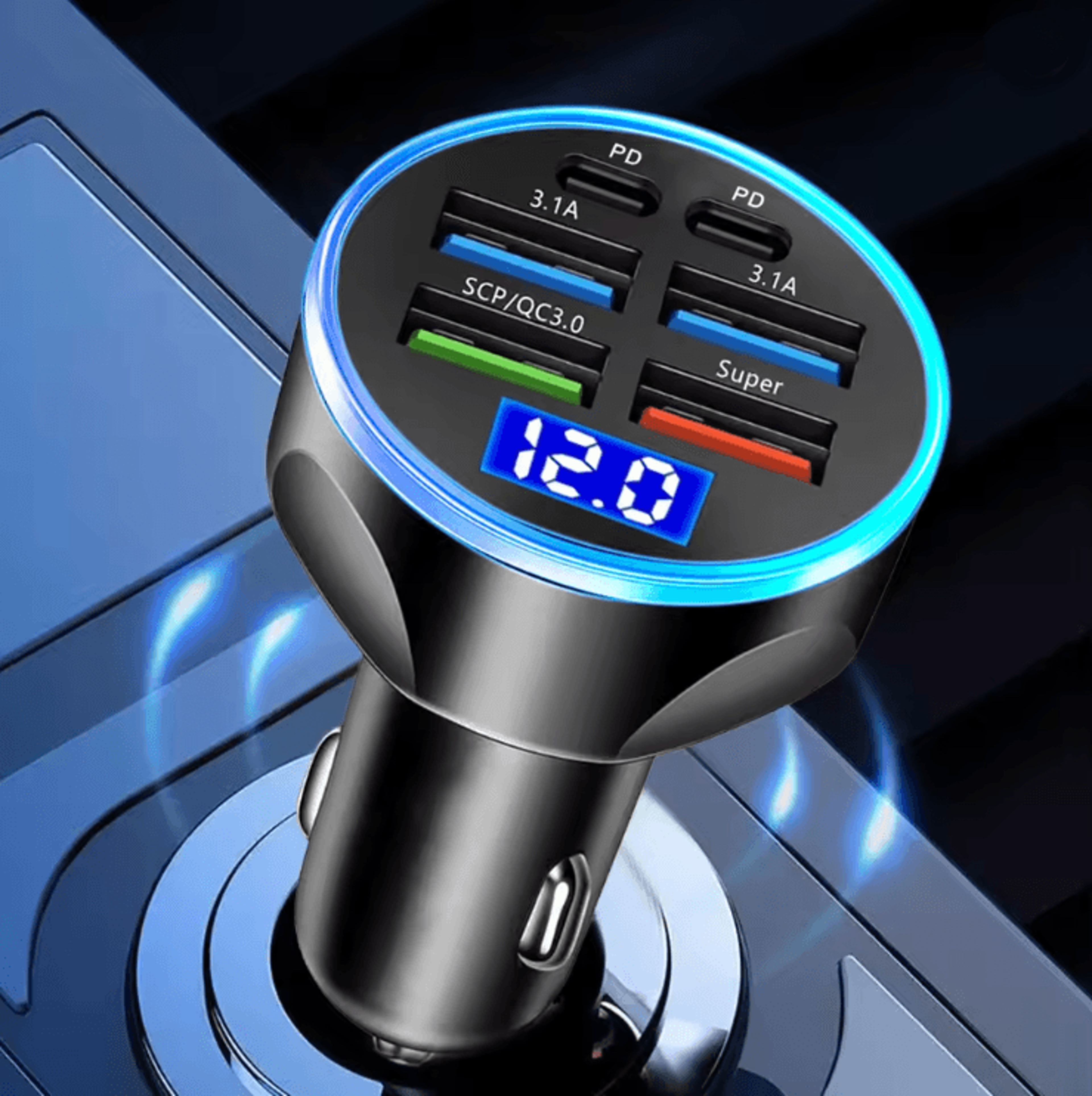 250W PD Fast Car Charger With 6 In 1 Ports And Digital Display 1