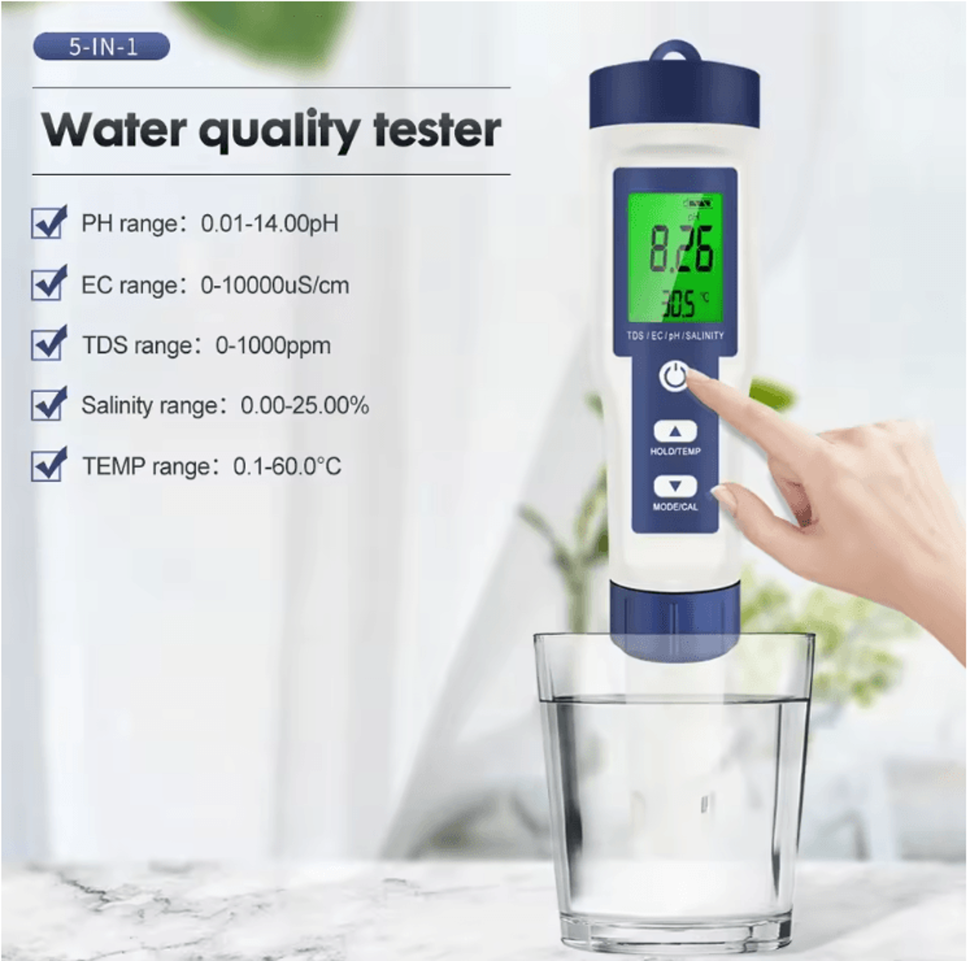 HydroSense 5 In 1 Digital Water Quality Tester With PH TDS EC Salinity And Temperature Display 0