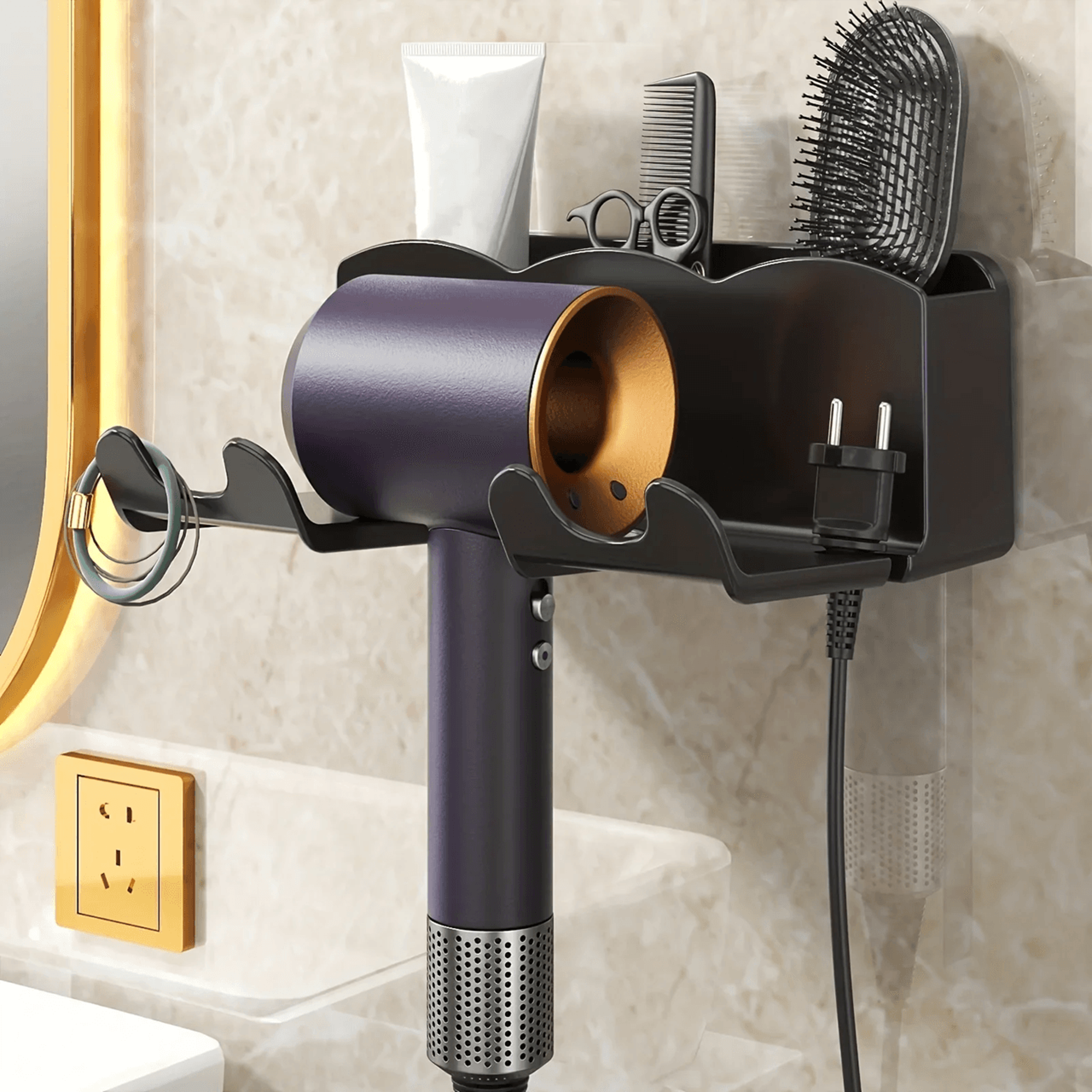 HoldEase Wall Mounted Hair Dryer Holder No Drill Bathroom Organizer 4