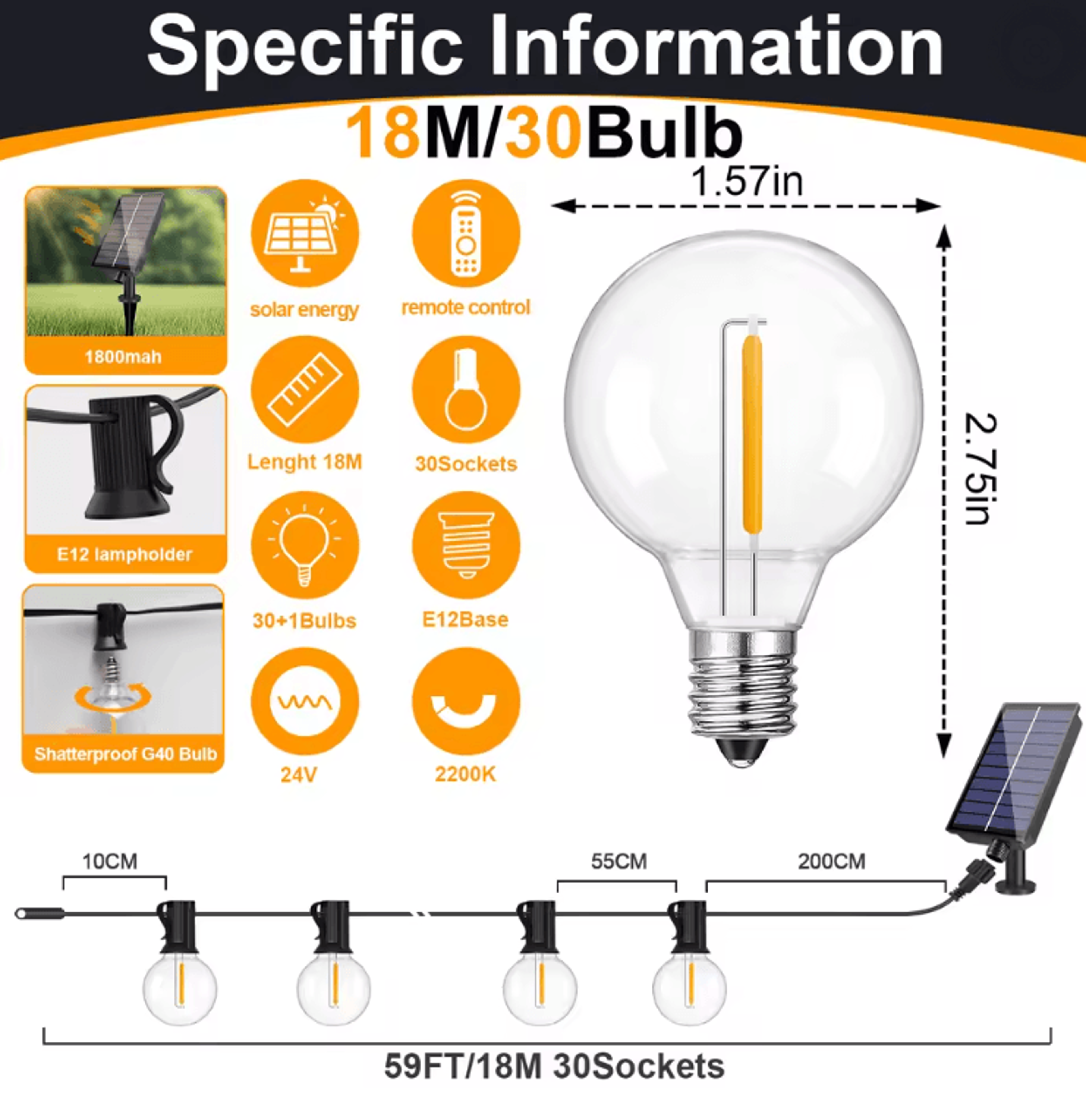 GlowGarden Solar Globe String Lights G40 Outdoor Set 6