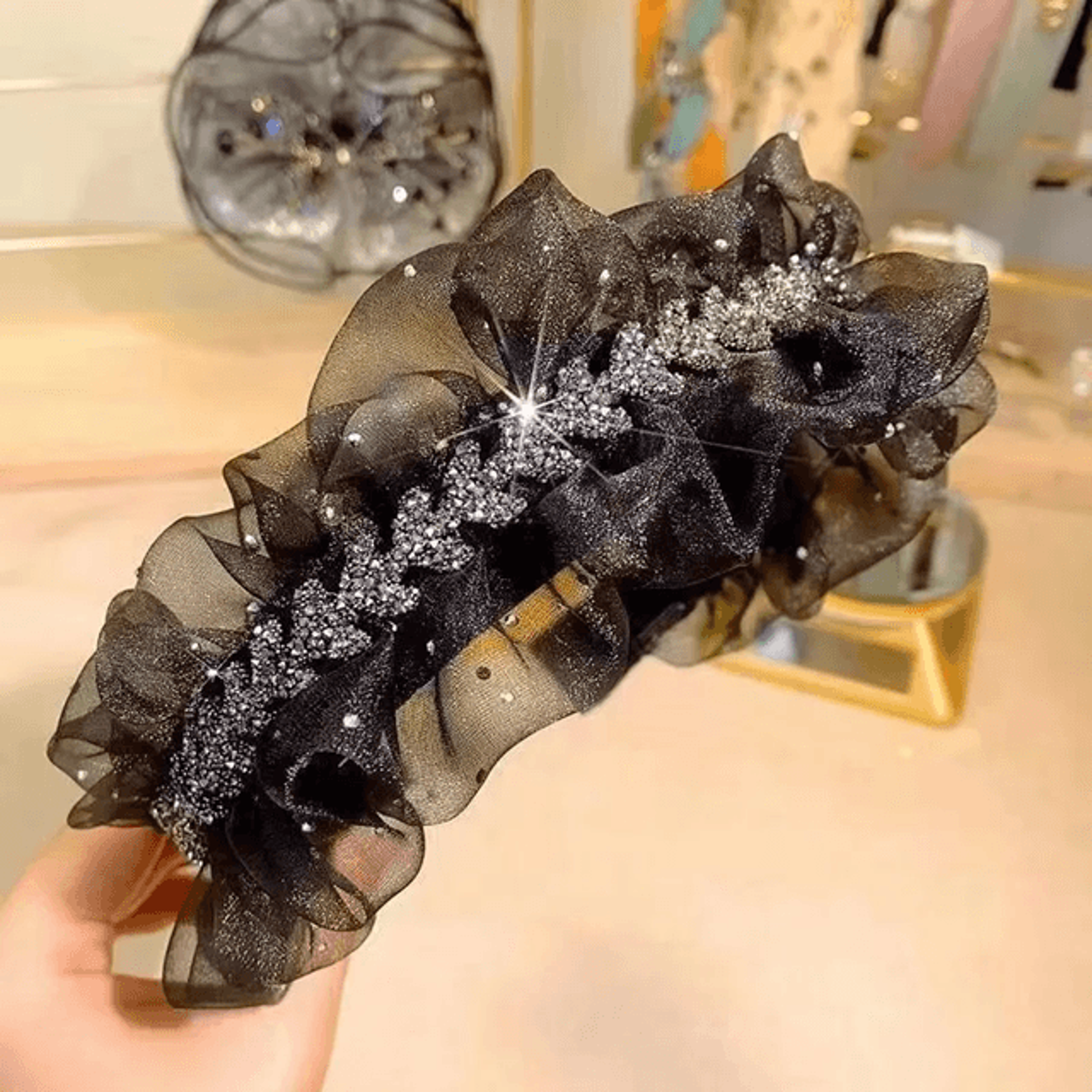 Elegant Black Gauze Rhinestone Headband 2