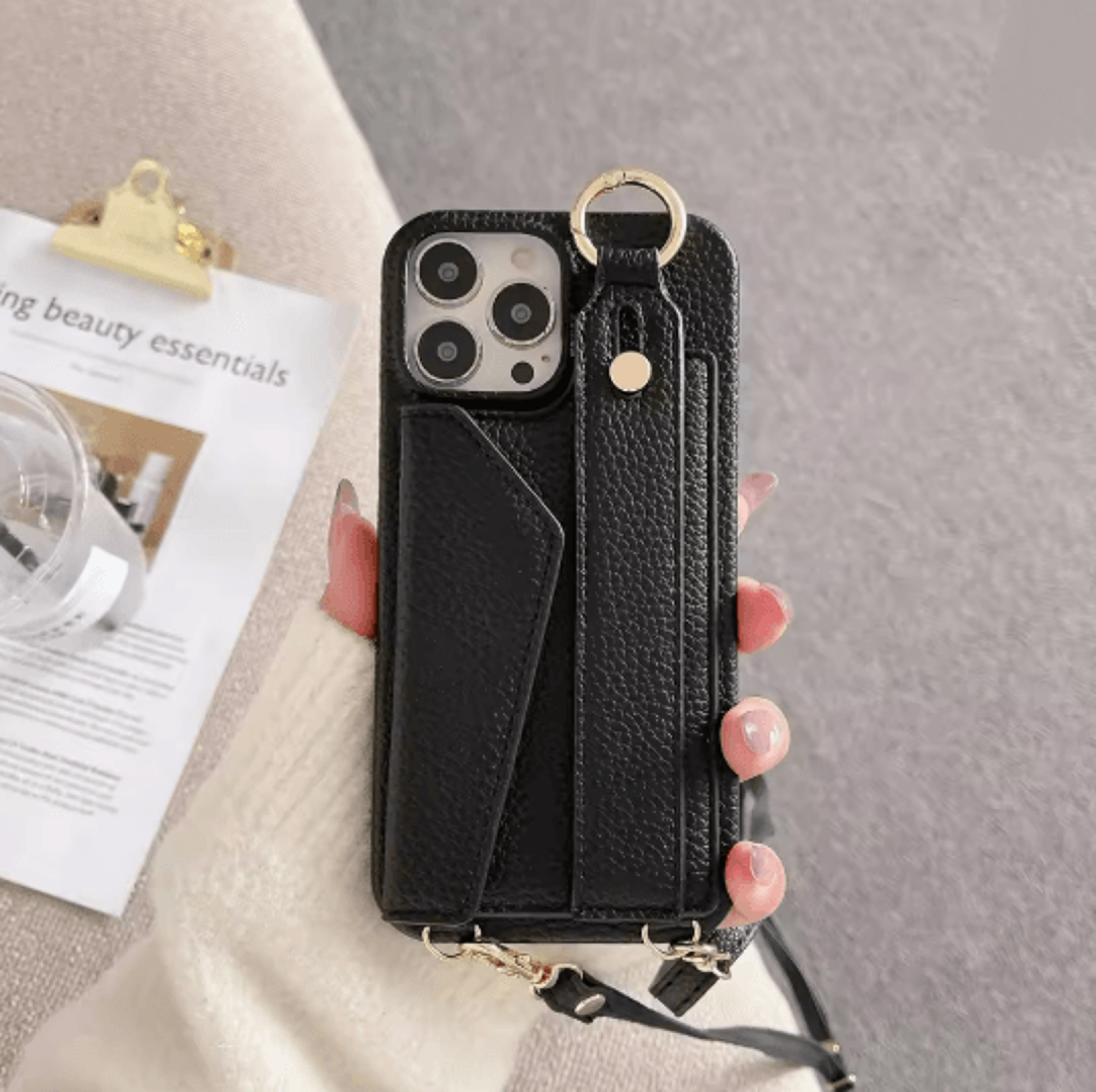 Leather Crossbody Wallet Phone Case With Ring Holder And Lanyard For IPhone 2