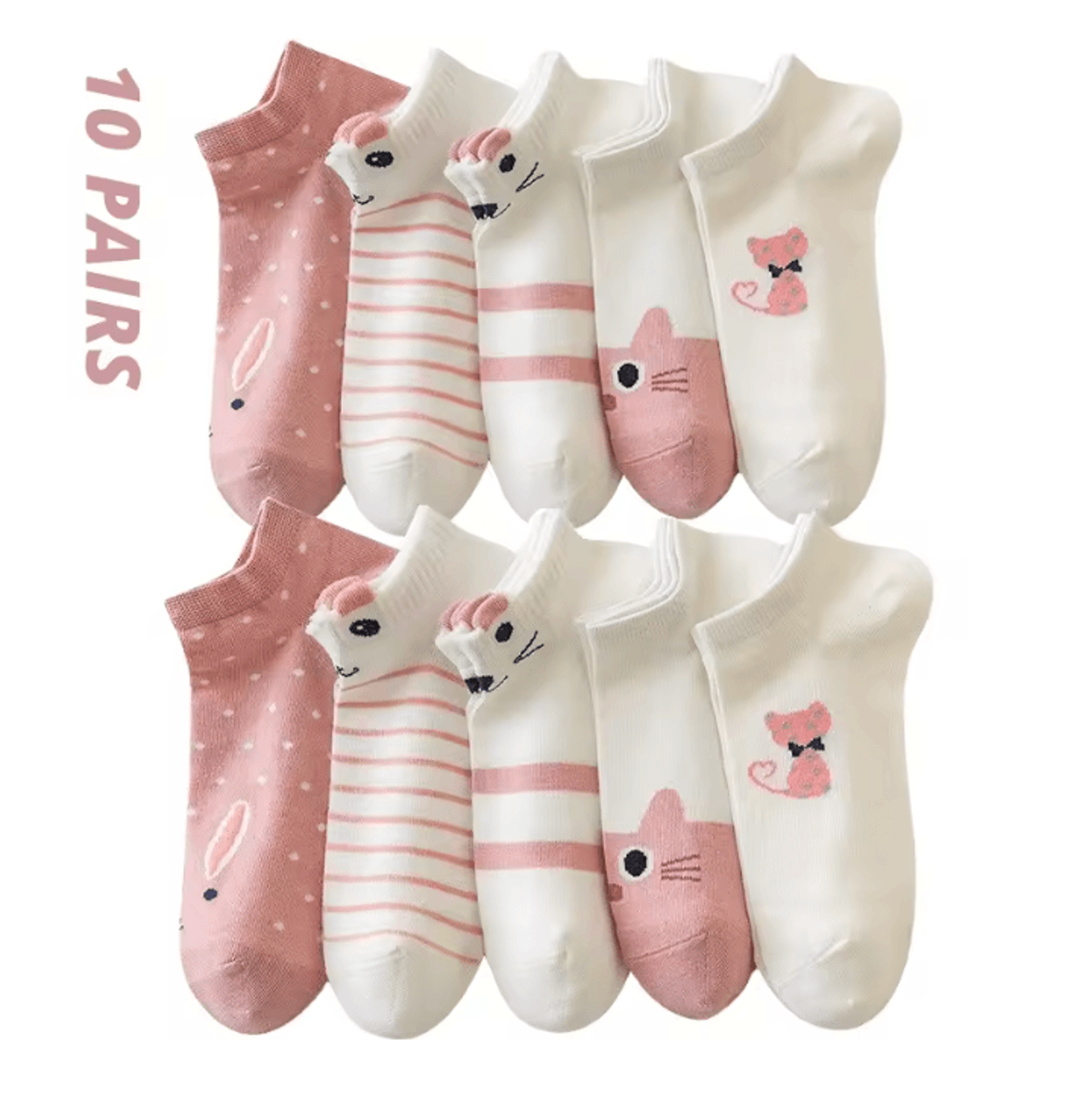 Women Pink Cat Thin Short Tube Socks Cute Casual Comfort Multipack 4