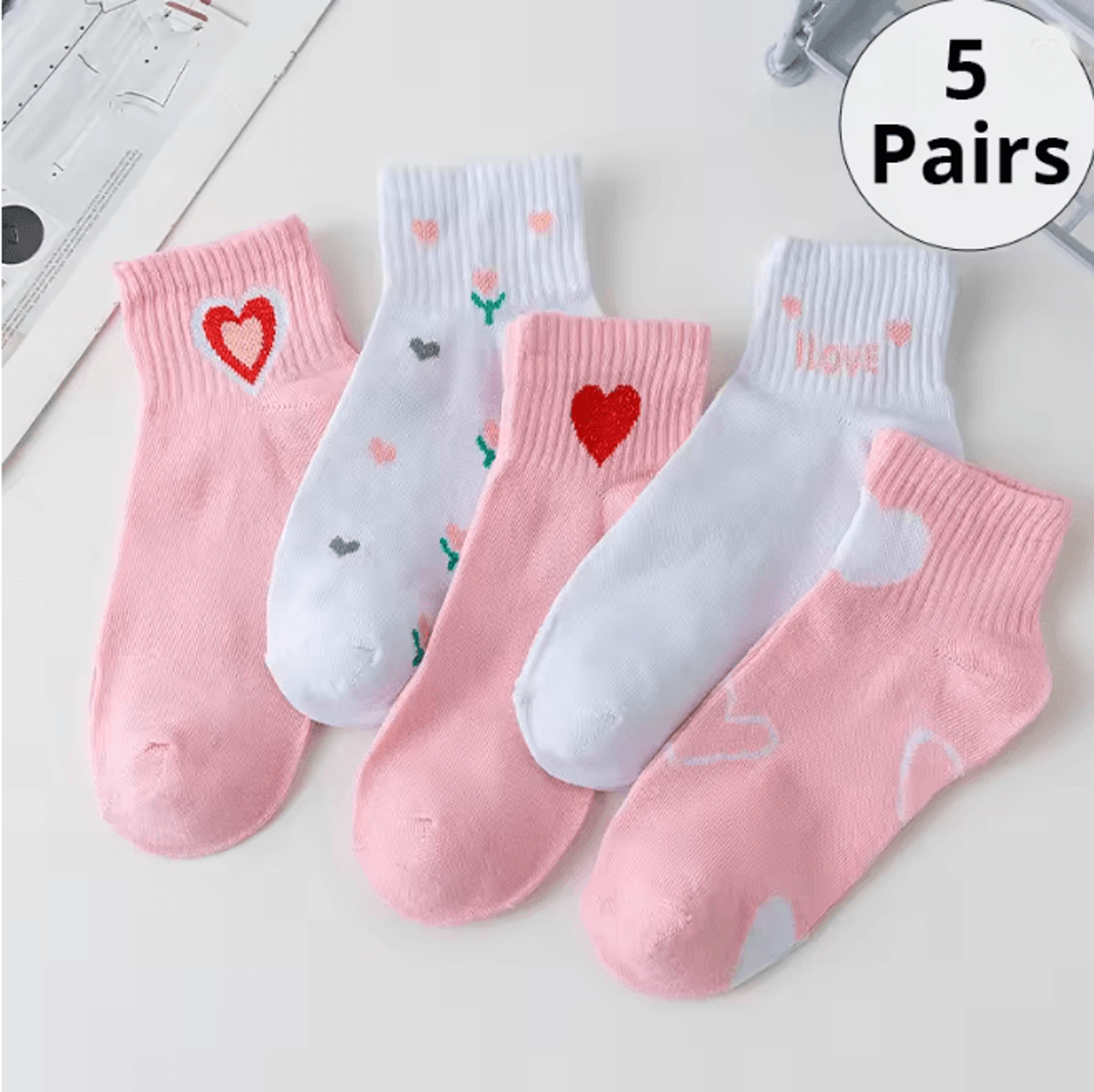 Women Pink Cat Thin Short Tube Socks Cute Casual Comfort Multipack 6