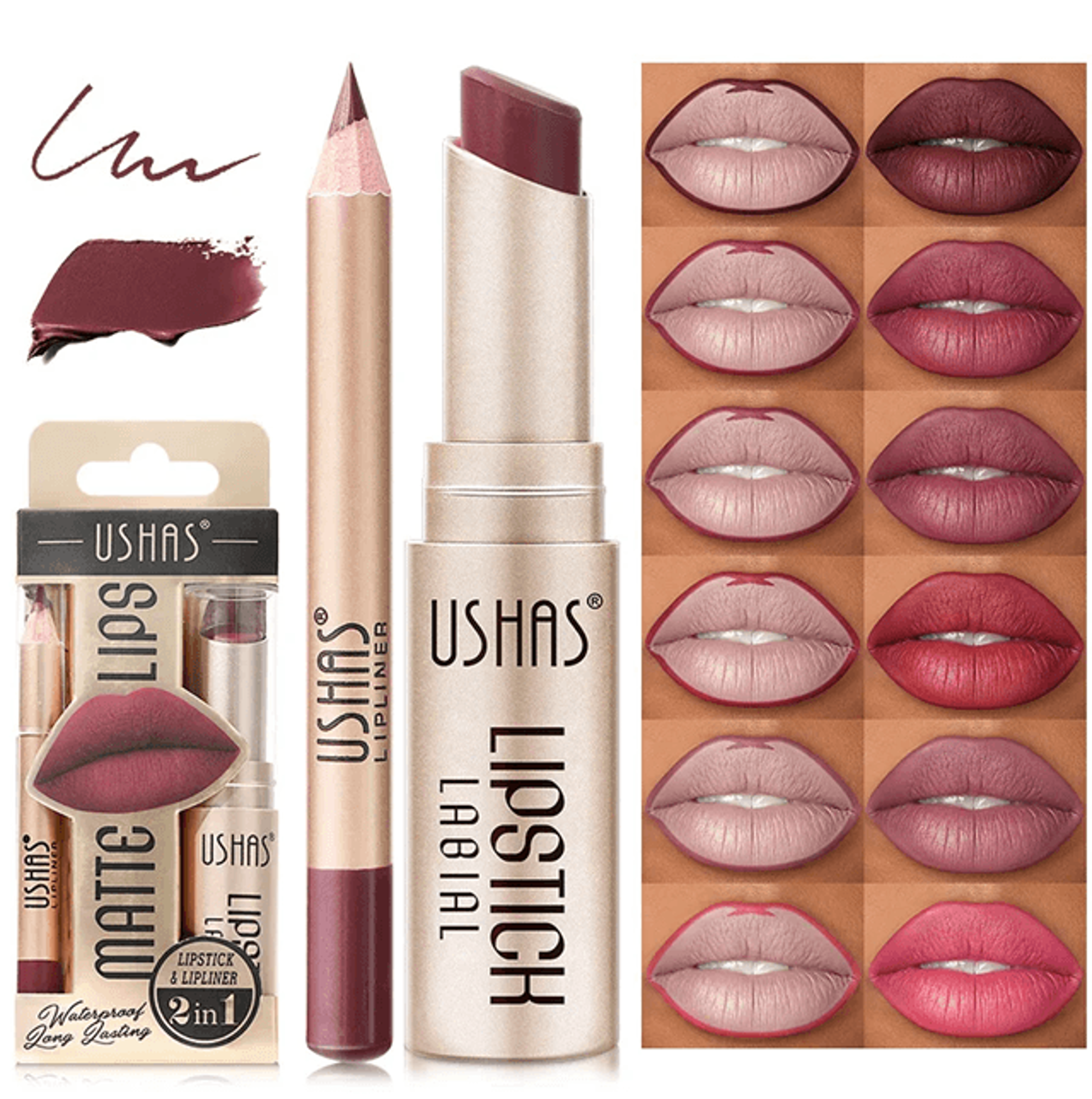 Usha Matte Lipstick And Lip Liner Set Long Lasting Nude And Red Shades 0