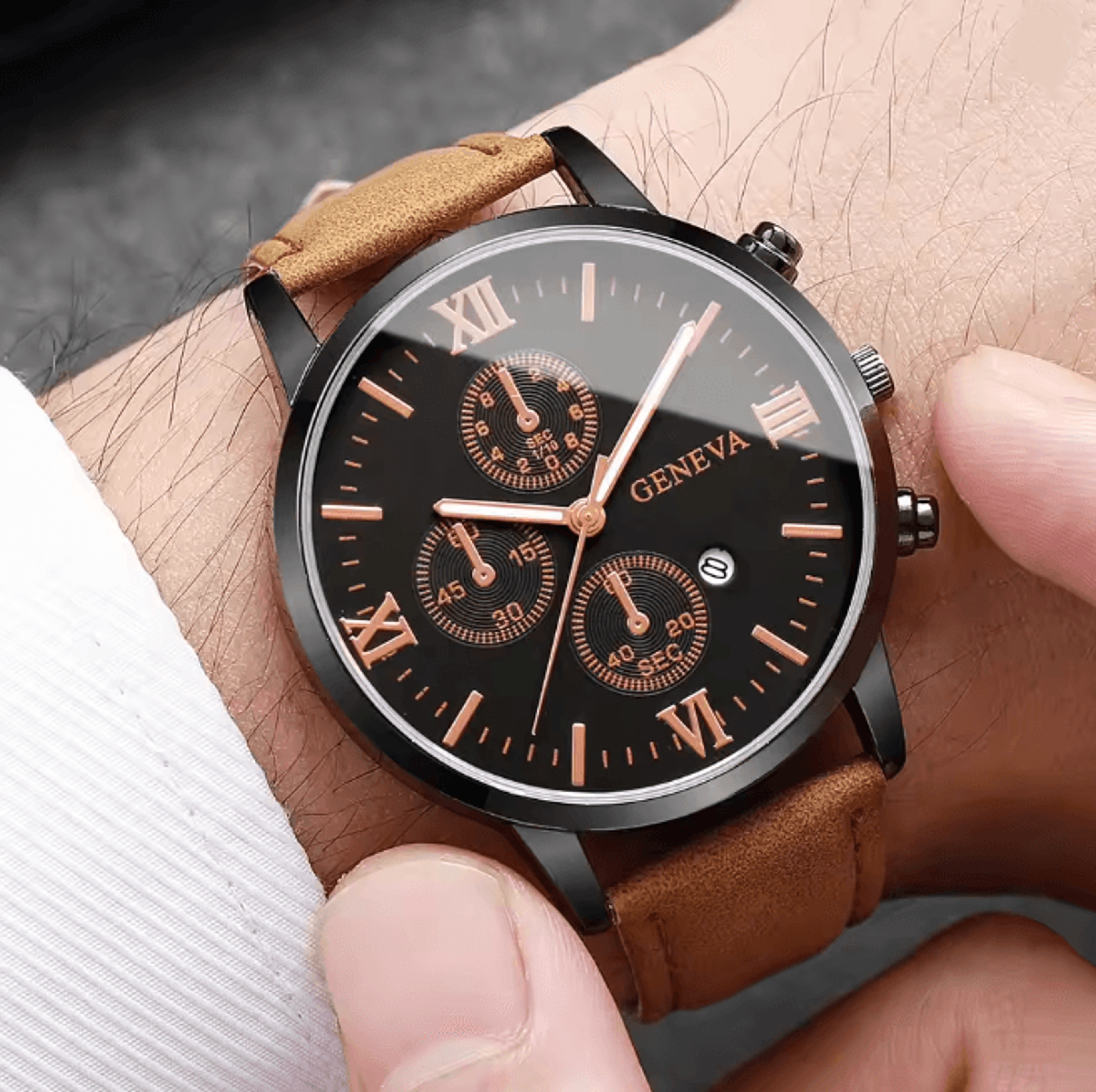 Mens Roman Dial Quartz Watch Leather Band Business Style 2