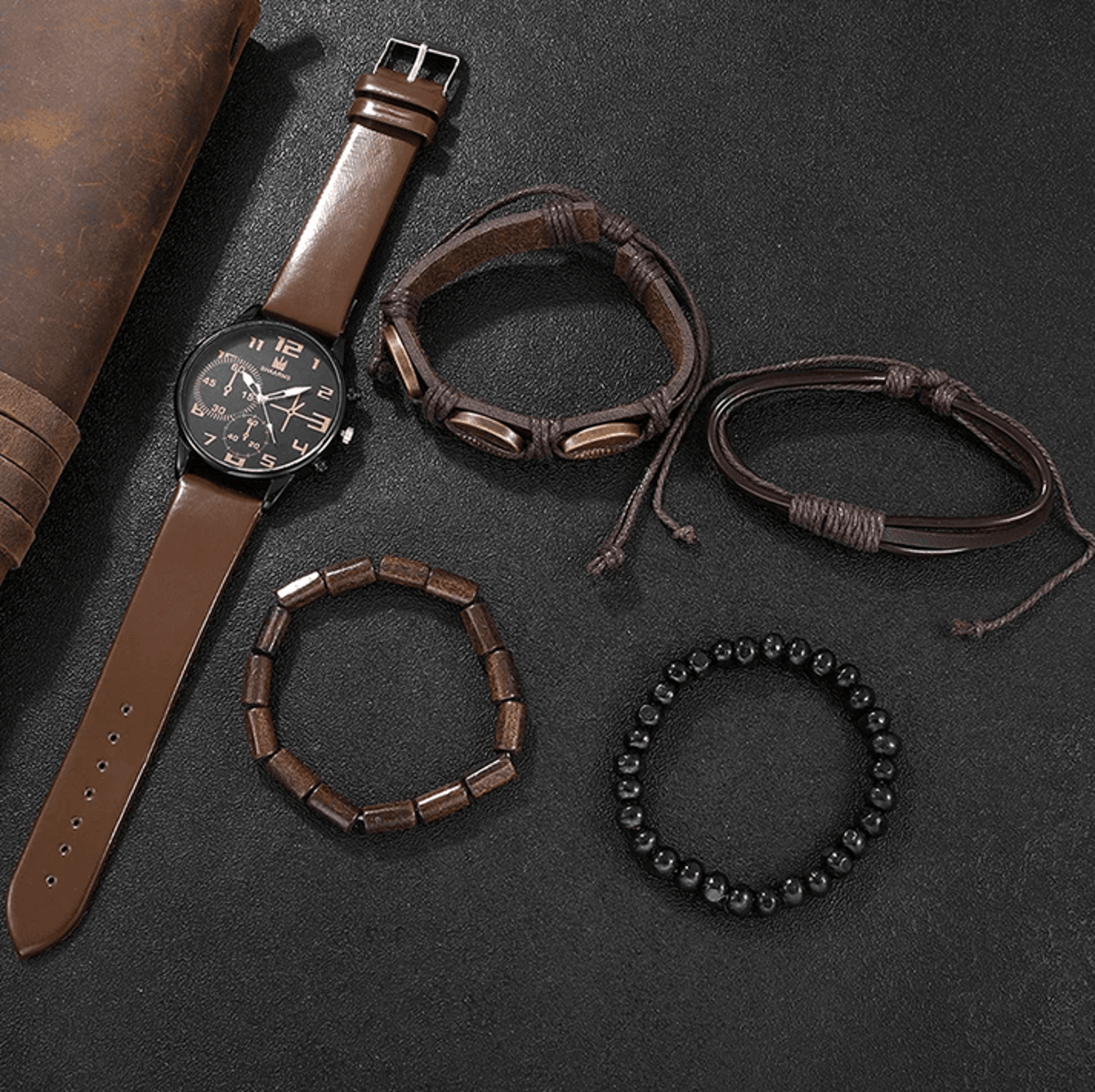 Mens Retro Quartz Watch And Bracelet Set Big Dial Leather Style 0