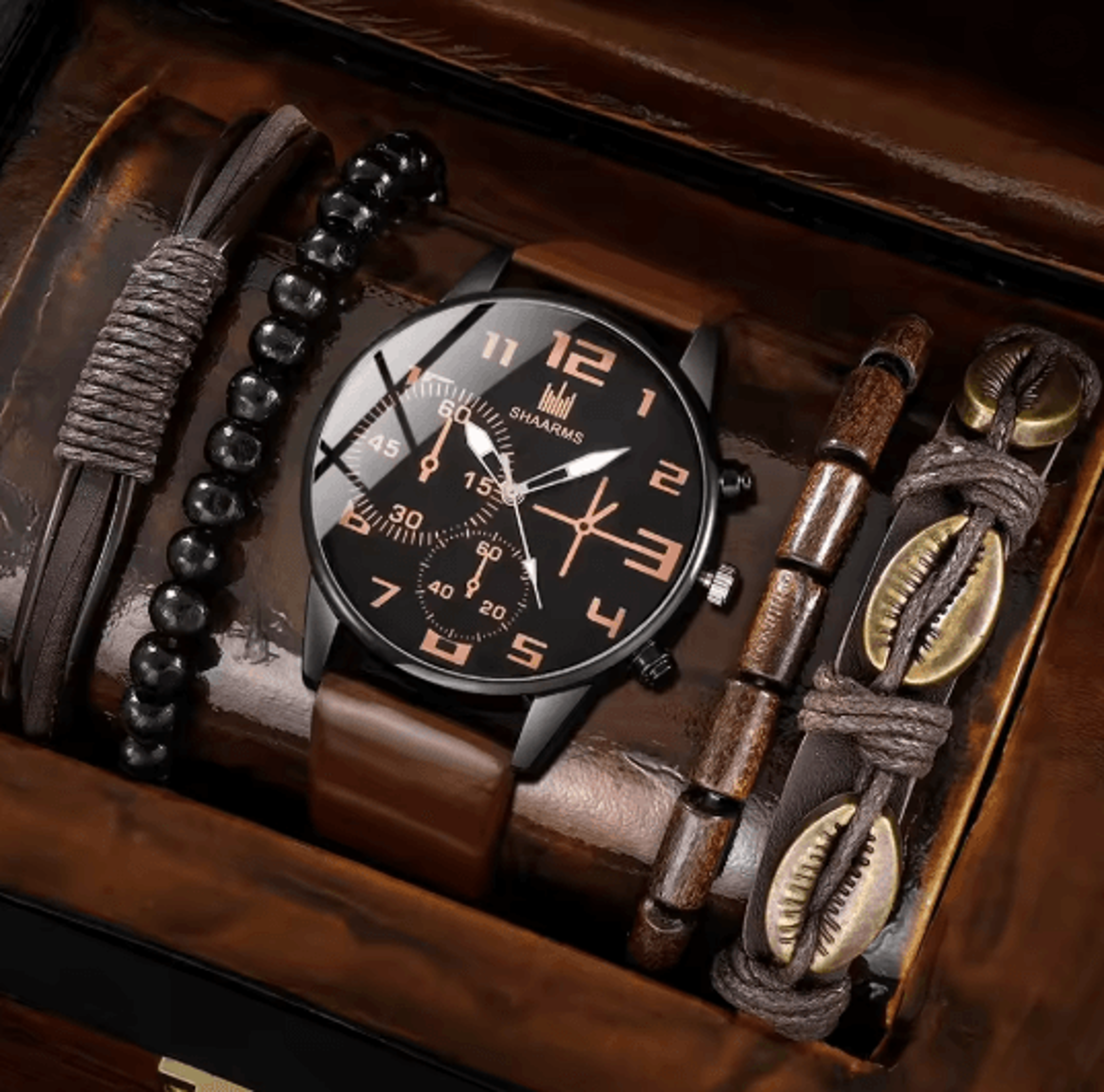Mens Retro Quartz Watch And Bracelet Set Big Dial Leather Style 4