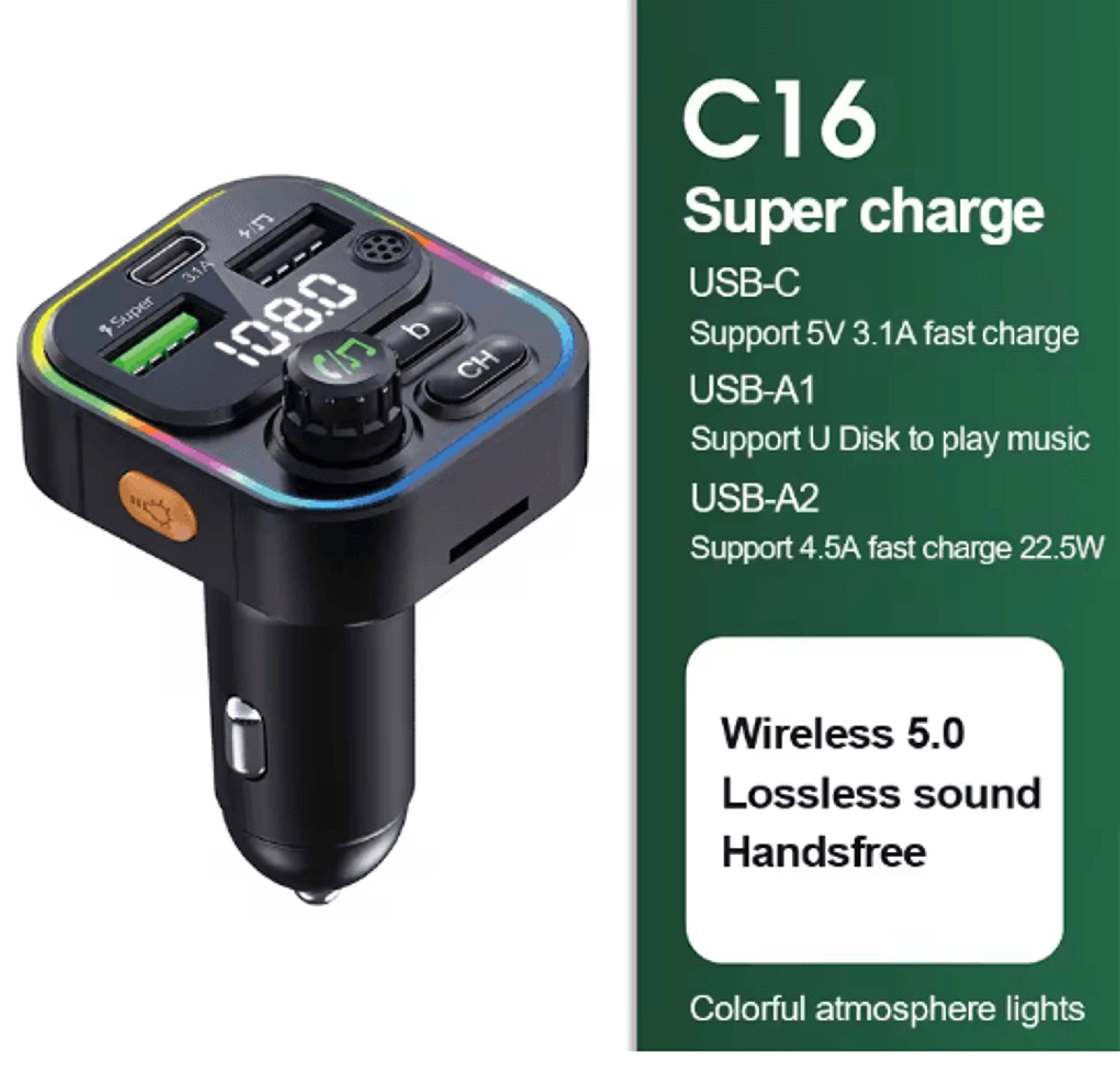 Bluetooth FM Transmitter Car Charger Handsfree Audio Adapter 6