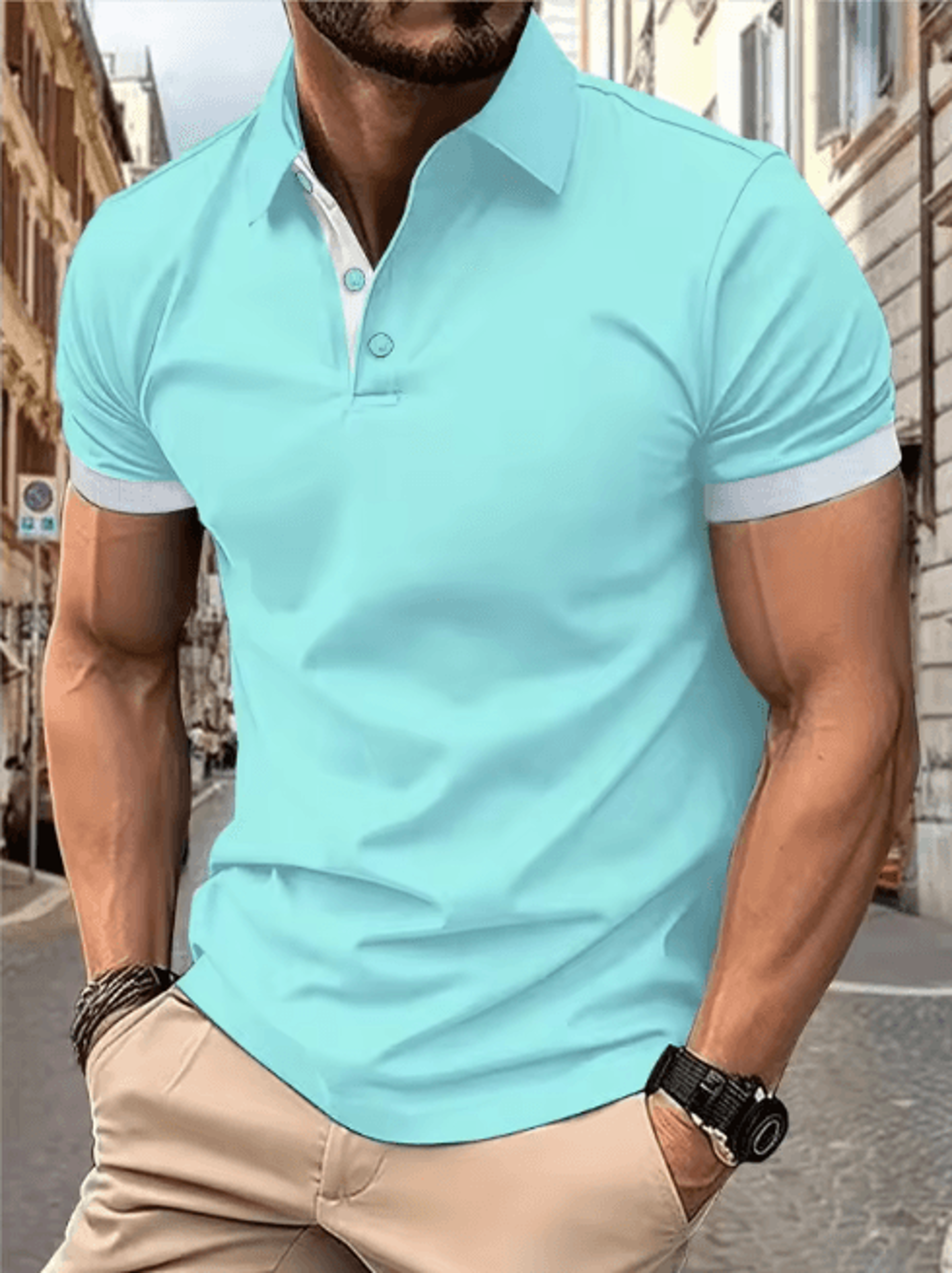 Mens Short Sleeve Color Block Lapel Shirt Casual Fashion Top 16