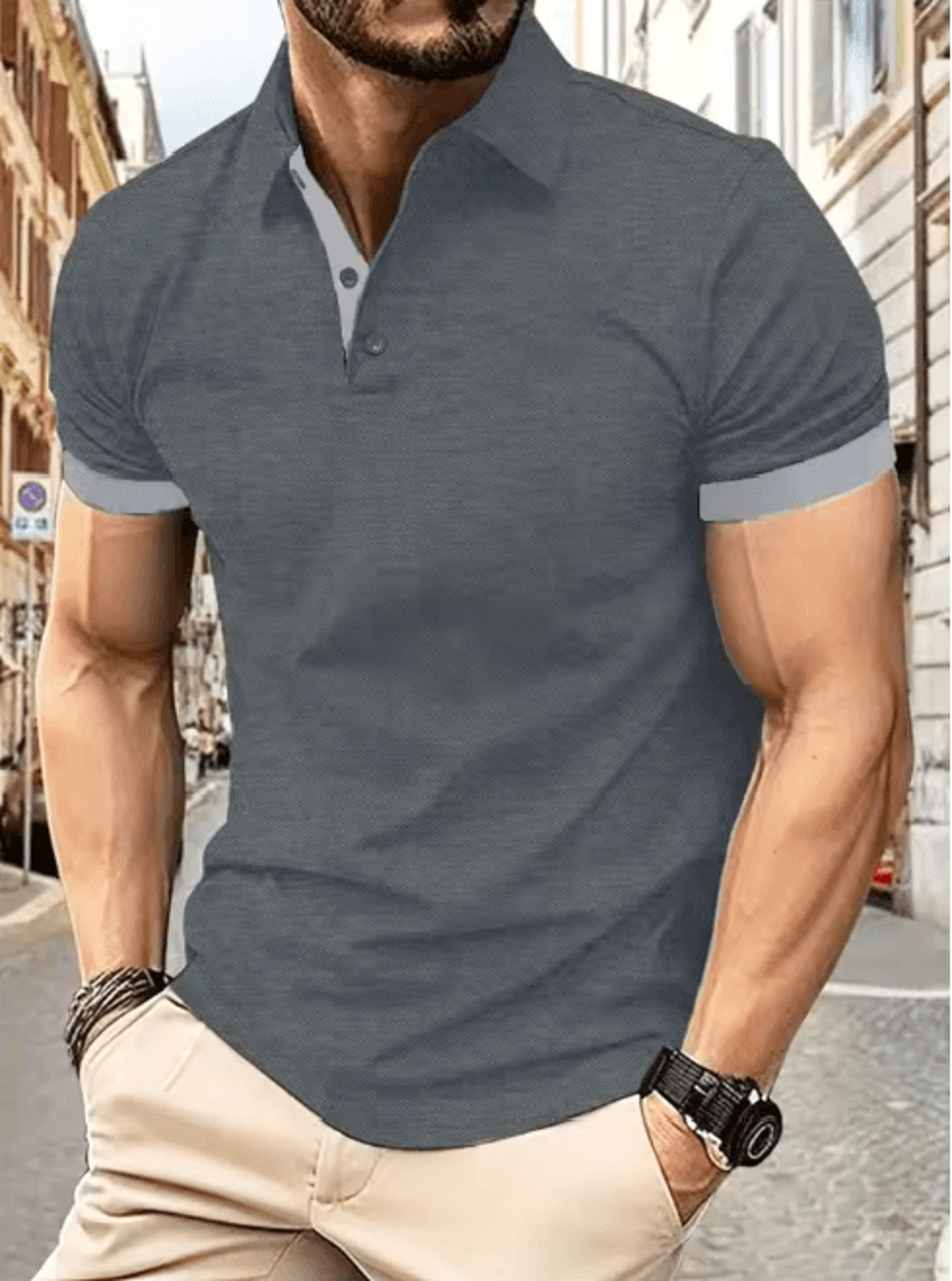 Mens Short Sleeve Color Block Lapel Shirt Casual Fashion Top 12