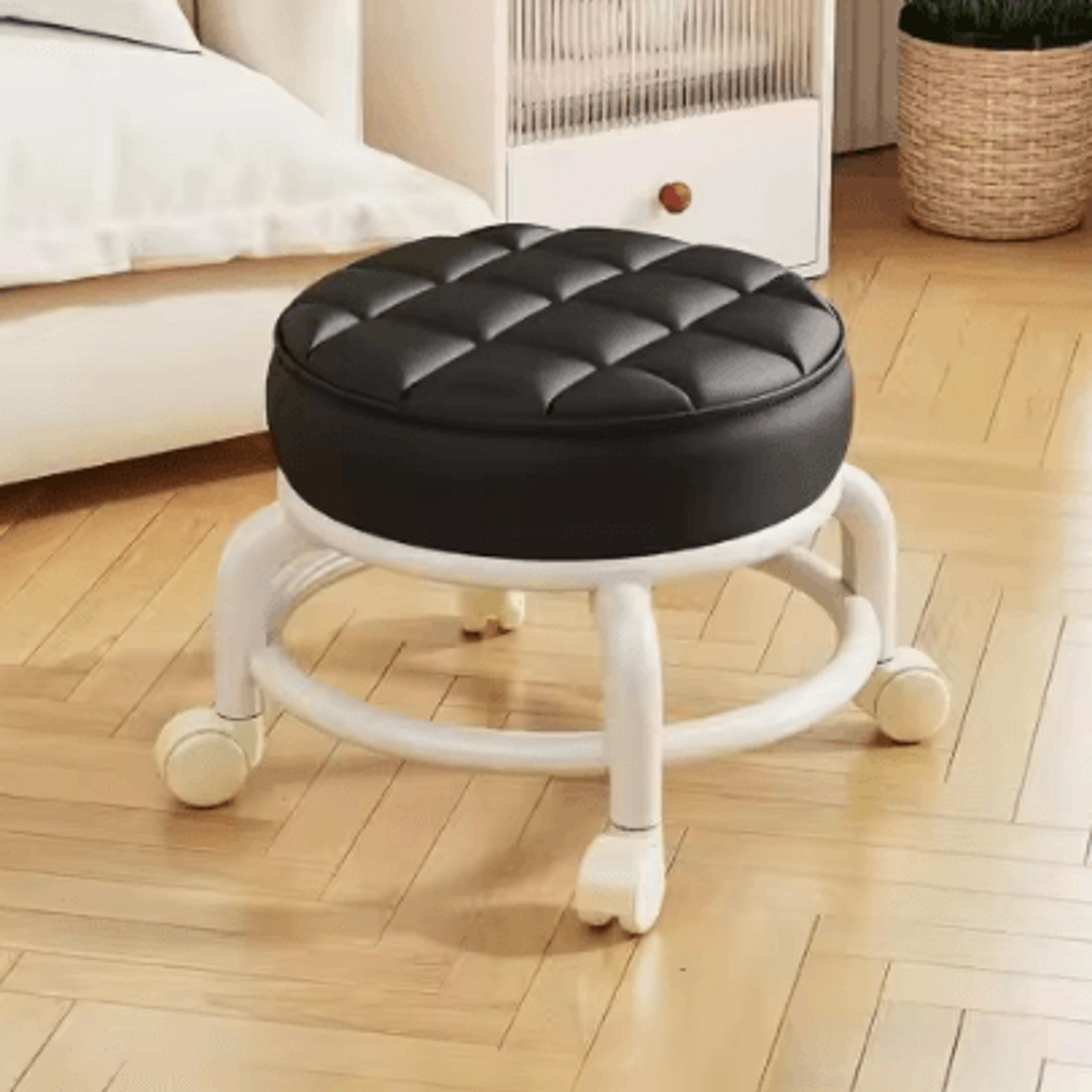 PU Leather Rolling Stool With Wheels Low Profile Padded Seat 3