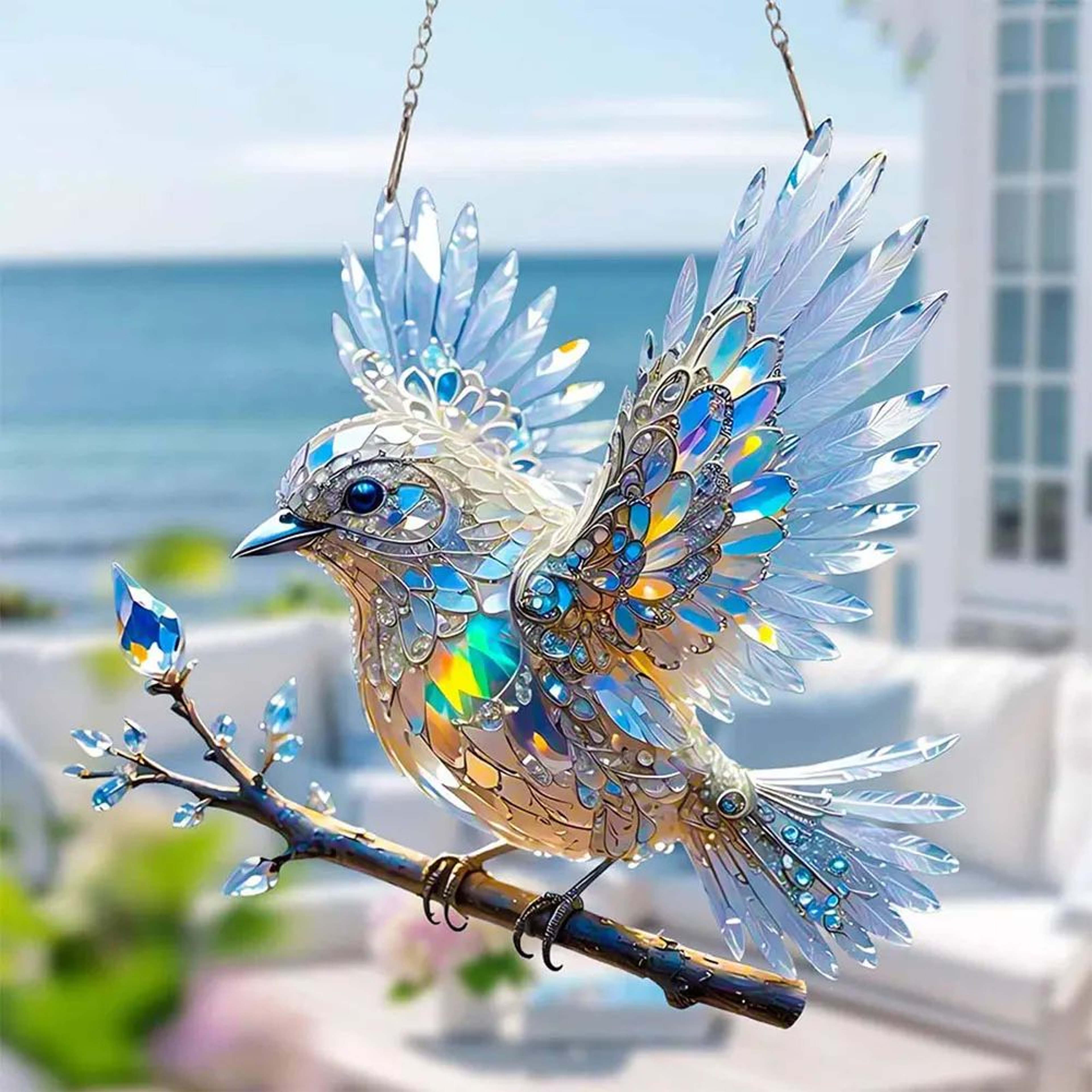 stained glass bird ornament in window light