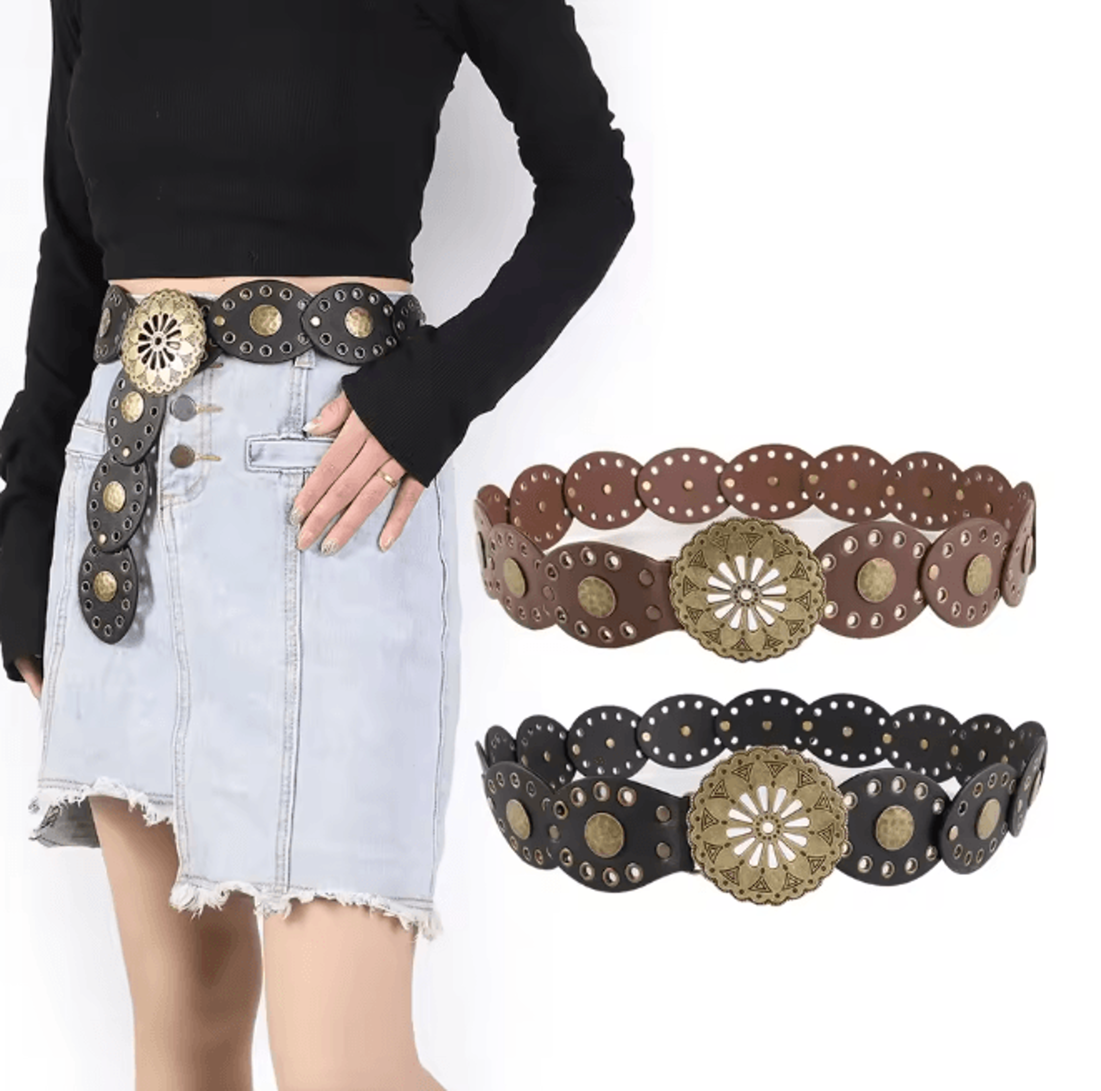 Retro Western Cowboy Wide Belt With Hollow Metal Buckle For Women 1