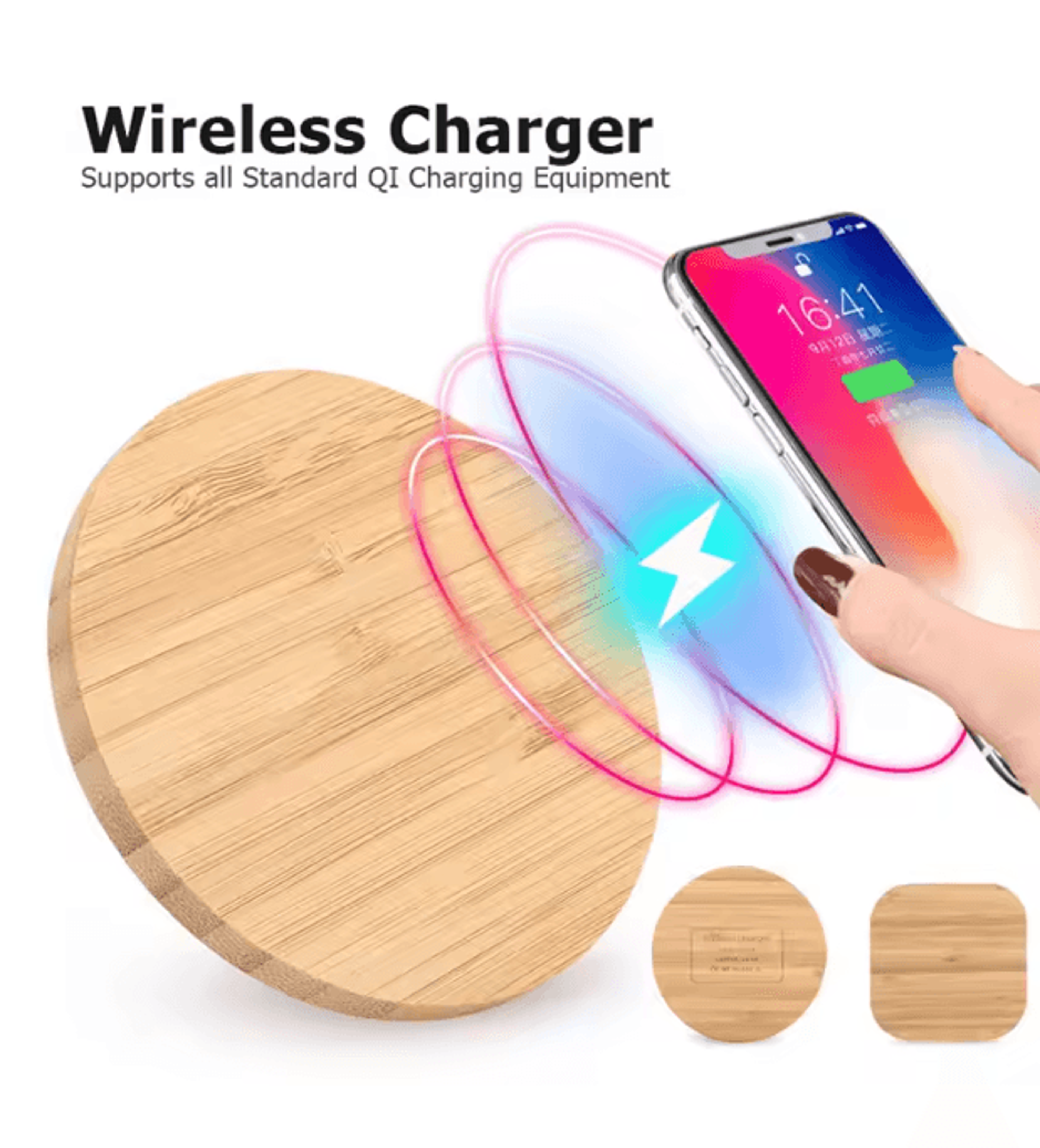 Bamboo Wireless Charger Fast Charging Pad 15W Qi Compatible 0