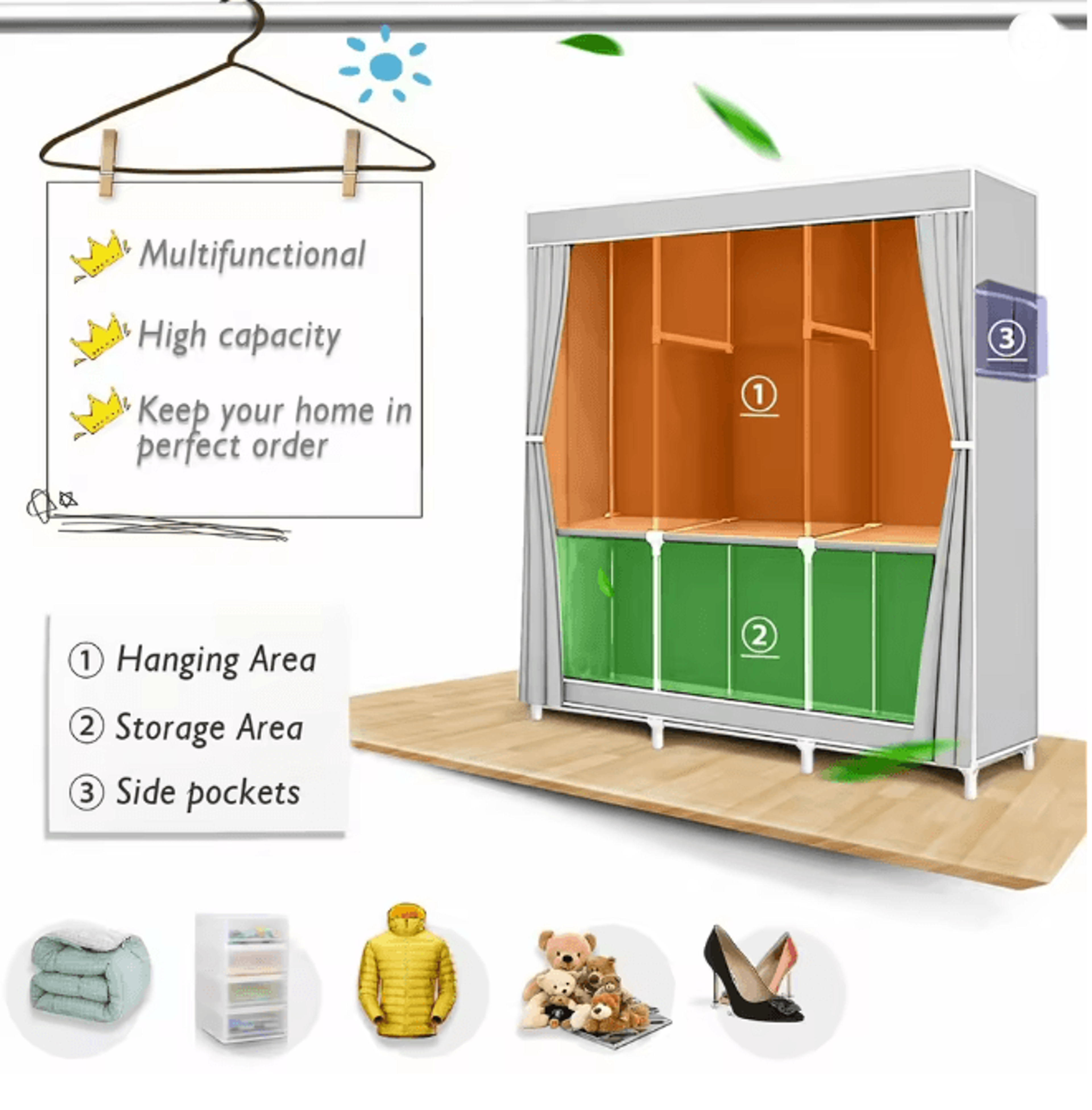 Portable Closet Wardrobe Organizer Storage Rack With Fabric Cover 2