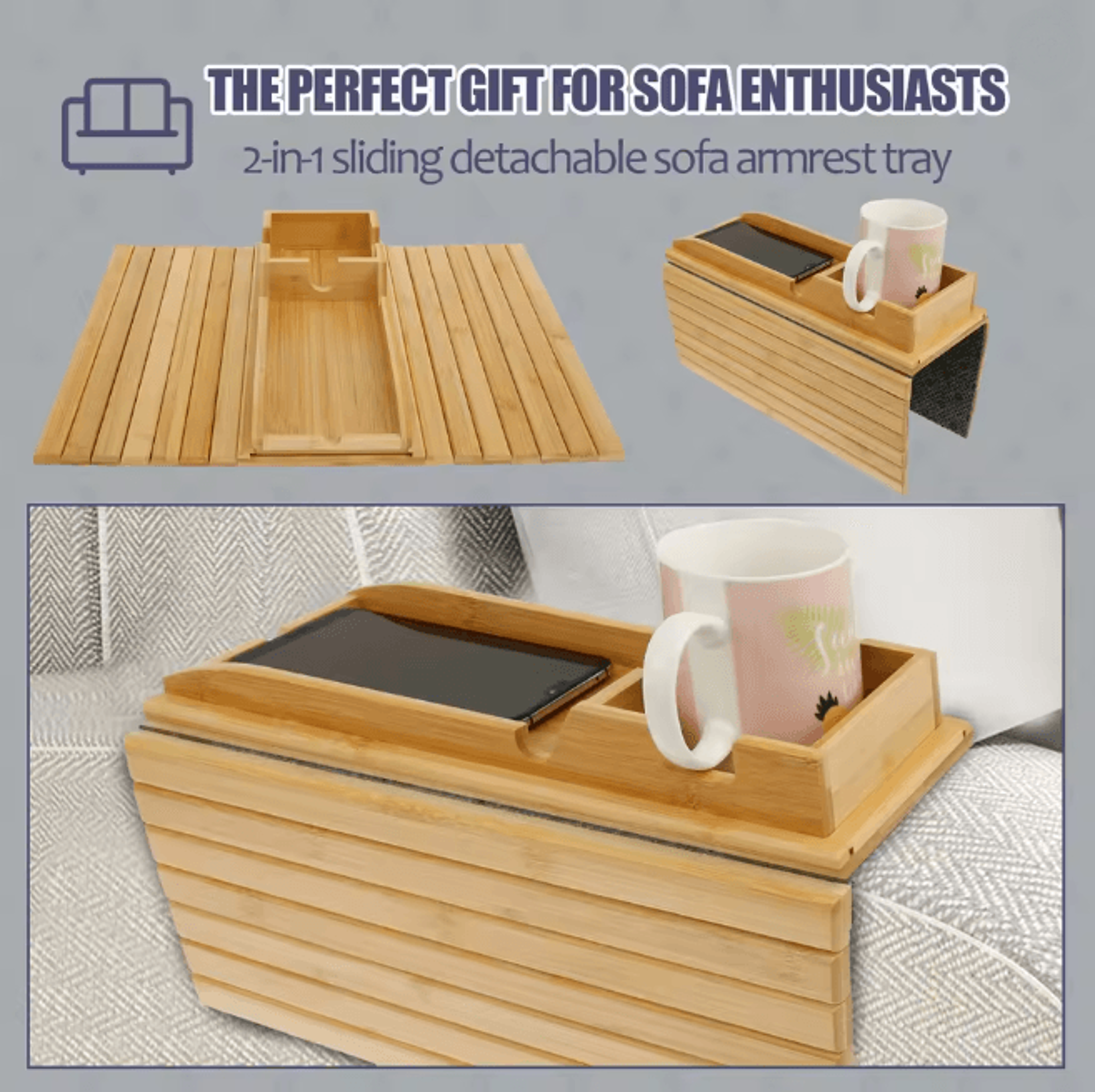 BambooGrip Couch Cup Holder Sofa Armrest Tray Anti Slip Foldable Organizer 1