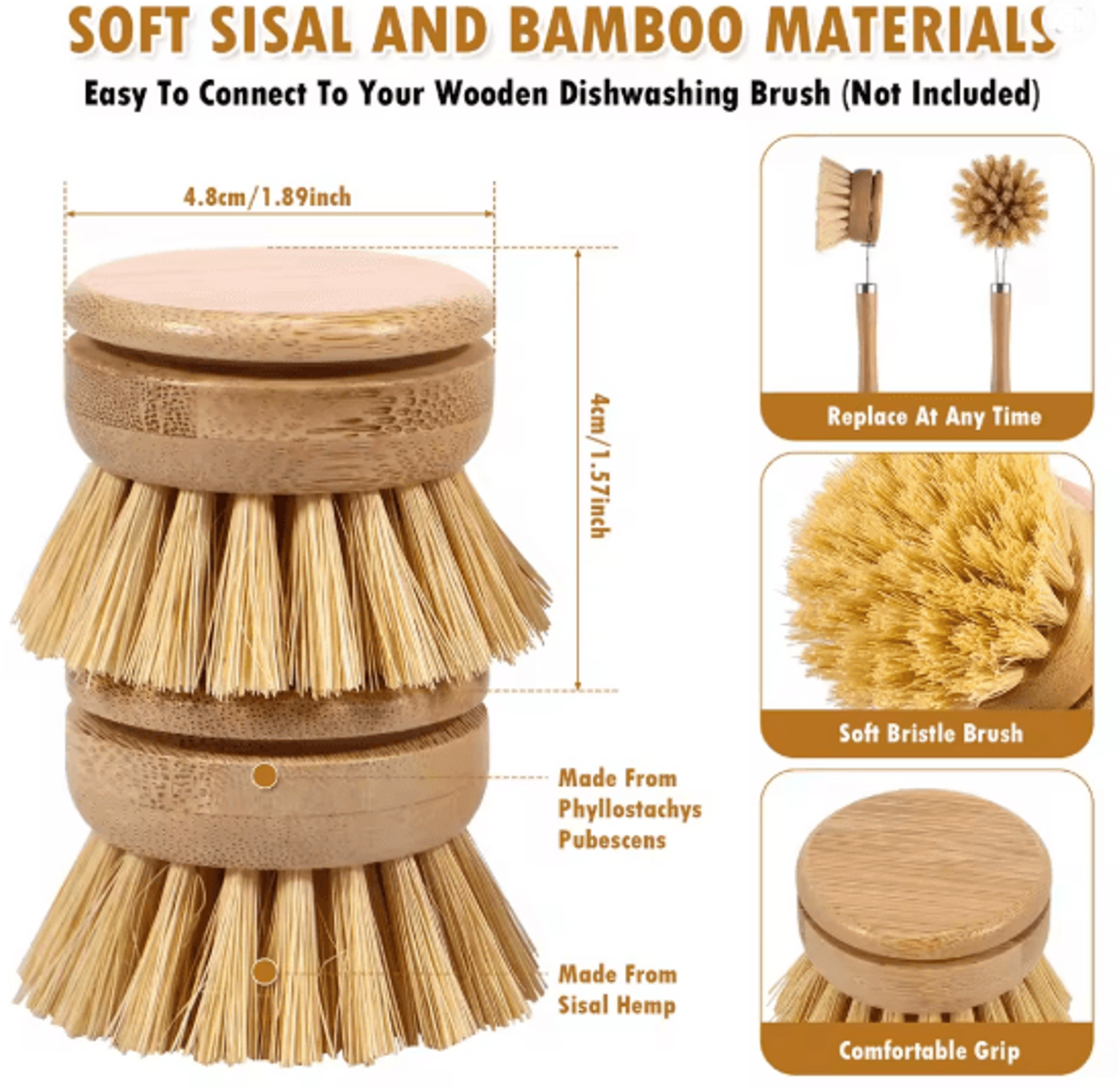 Wooden Handle Kitchen Dish Brush Set With Replacement Heads 4