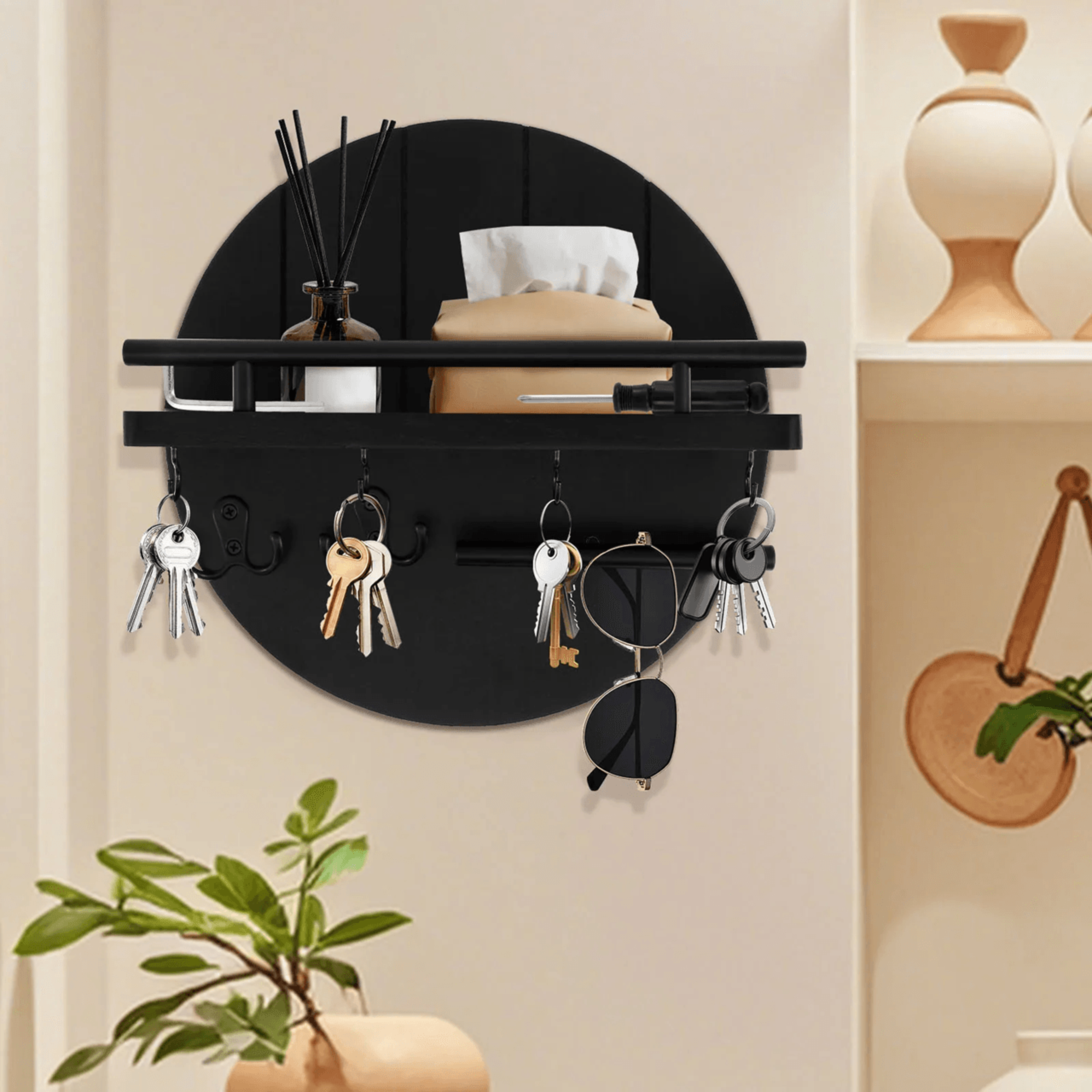 Rustic Wooden Wall Key Organizer Shelf With Hooks And Mail Storage 0