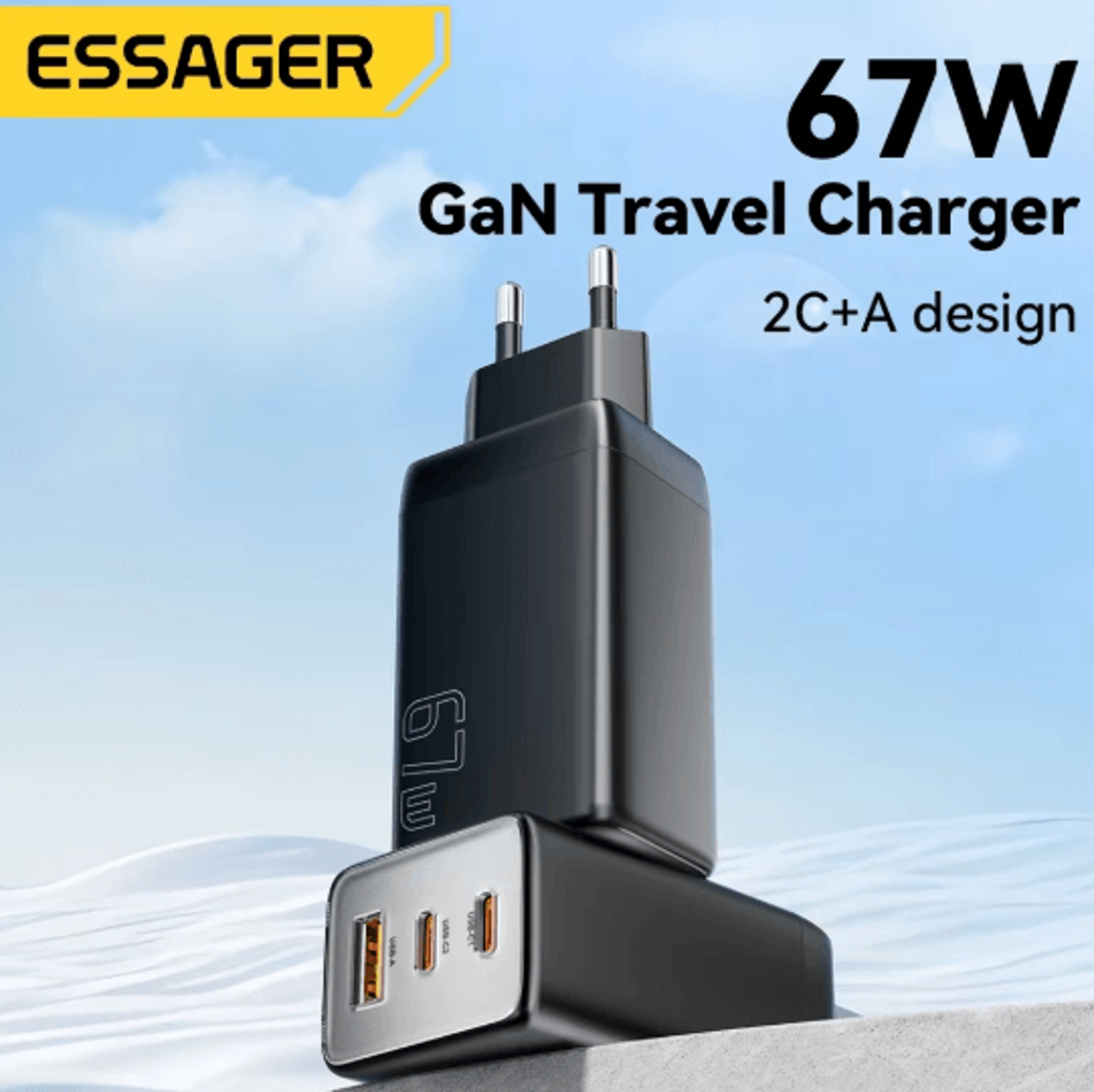 Essager 67W GaN USB C Fast Charger With Dual USB Ports 0