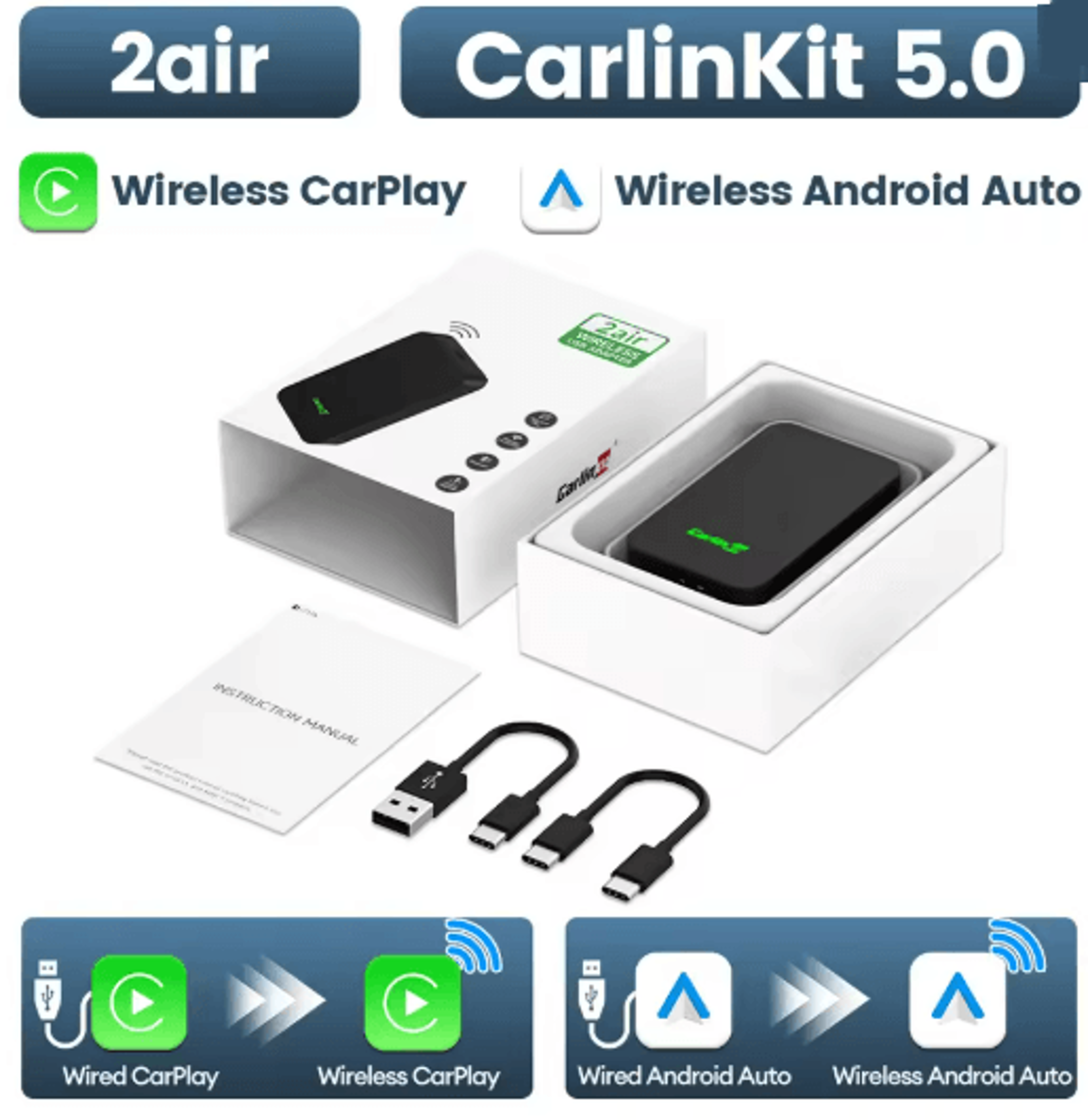CarlinKit 50 Wireless CarPlay And Android Auto Adapter With Dual Band WiFi 4
