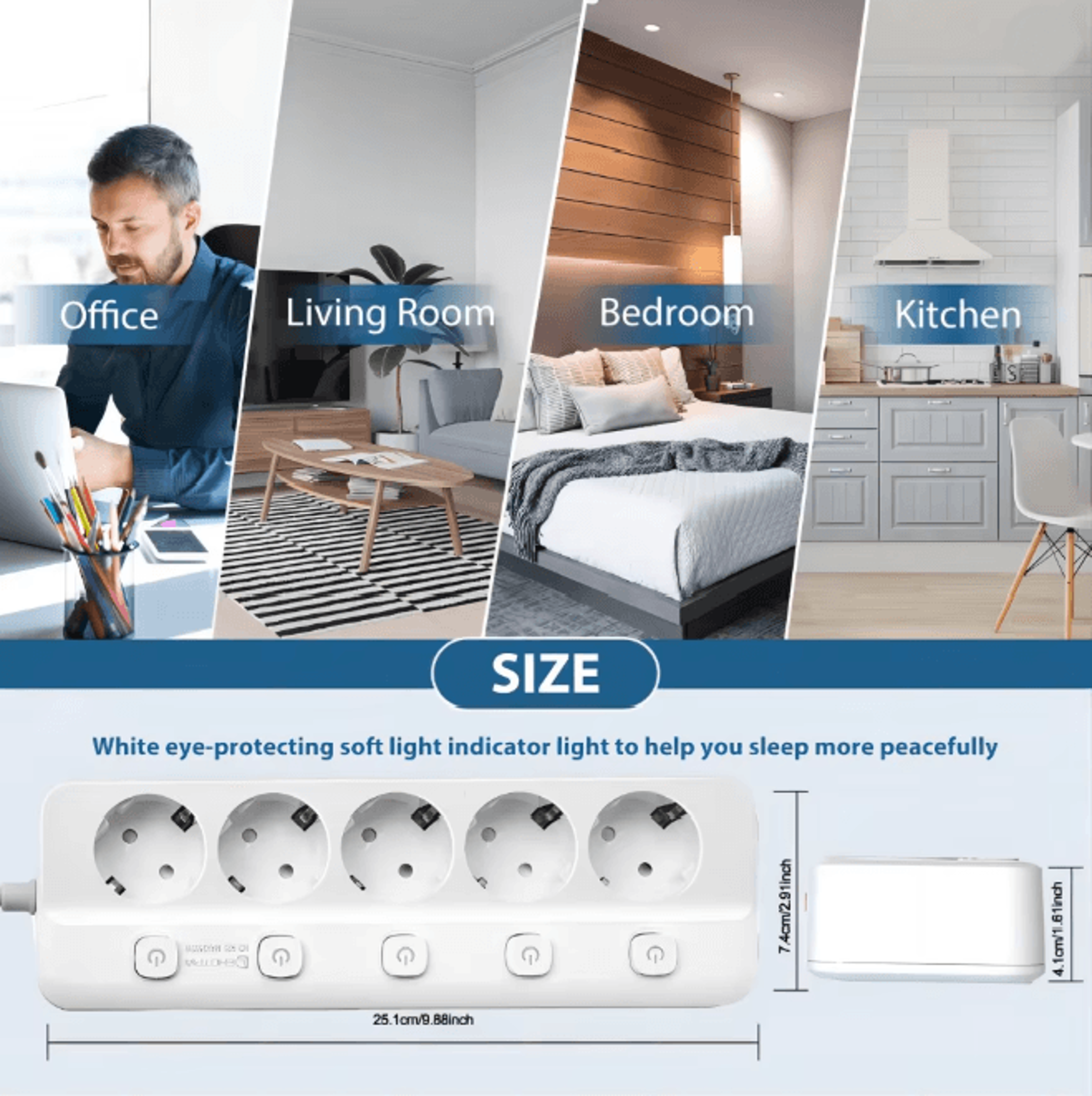 EU Power Strip With Independent Switches Multi Socket Extension Adapter 3