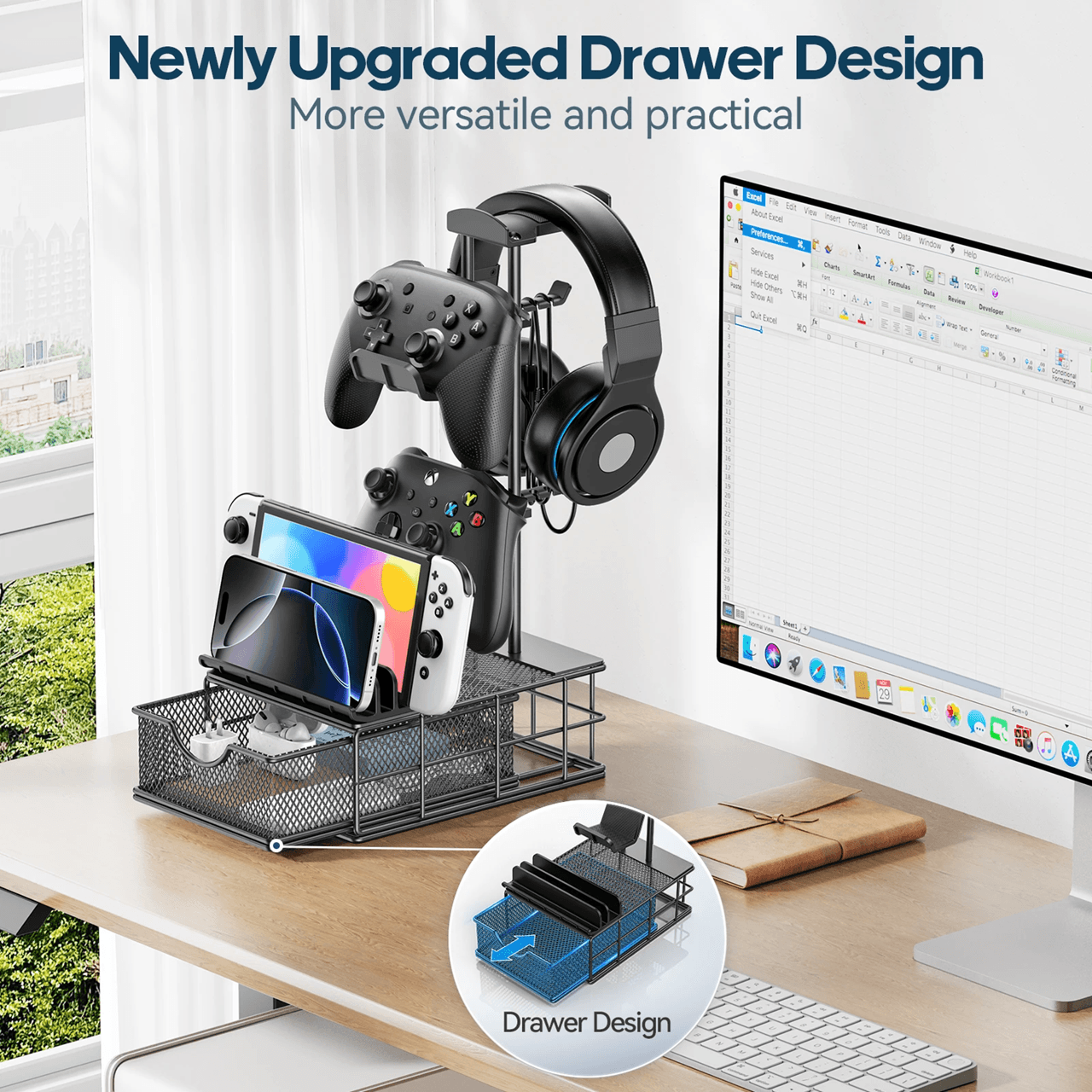 Gaming Headphone Stand With Drawer And Controller Holder For Desk 0