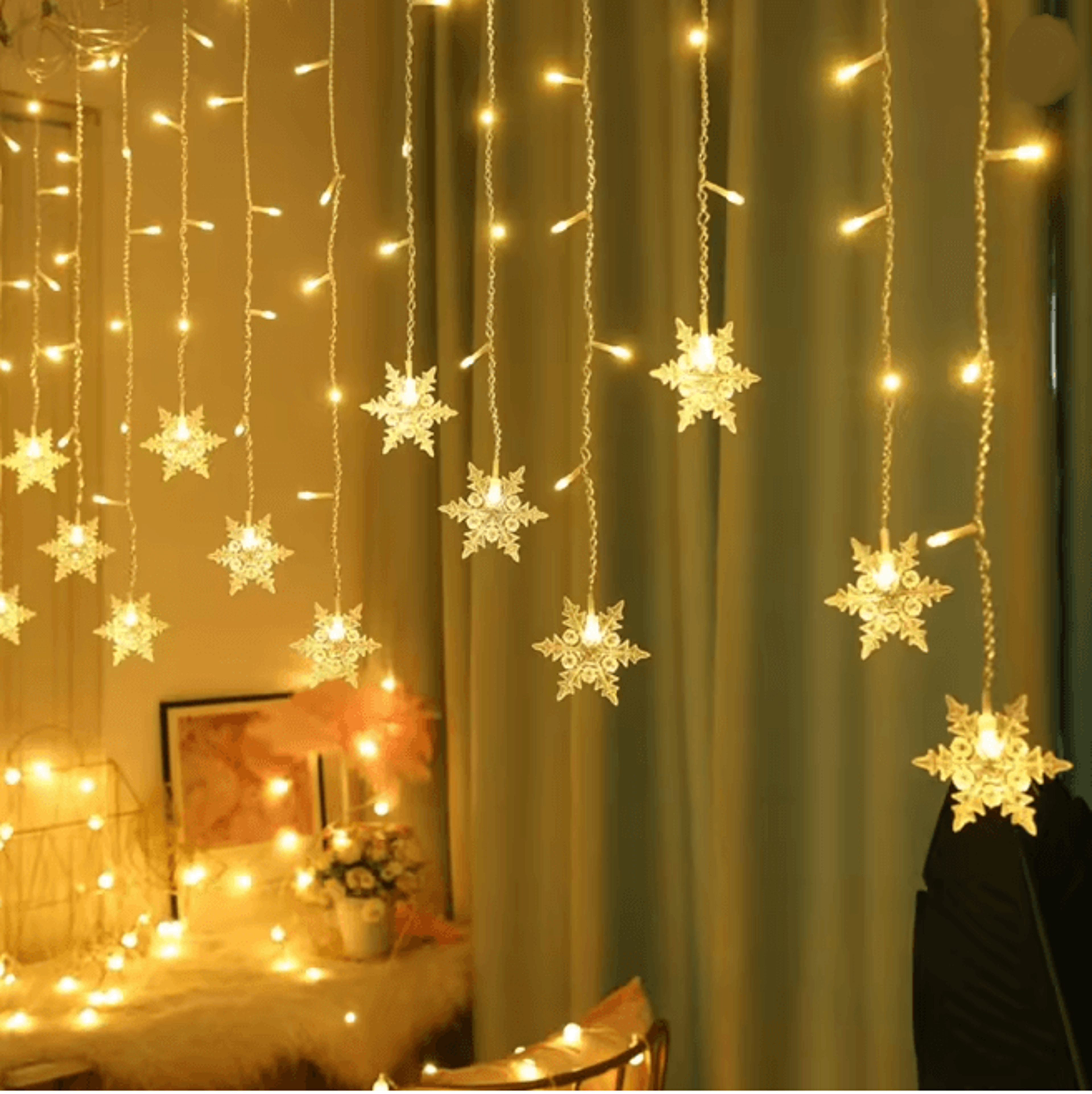 96 LED Solar Snowflake Curtain Lights Waterproof Christmas Decoration 4