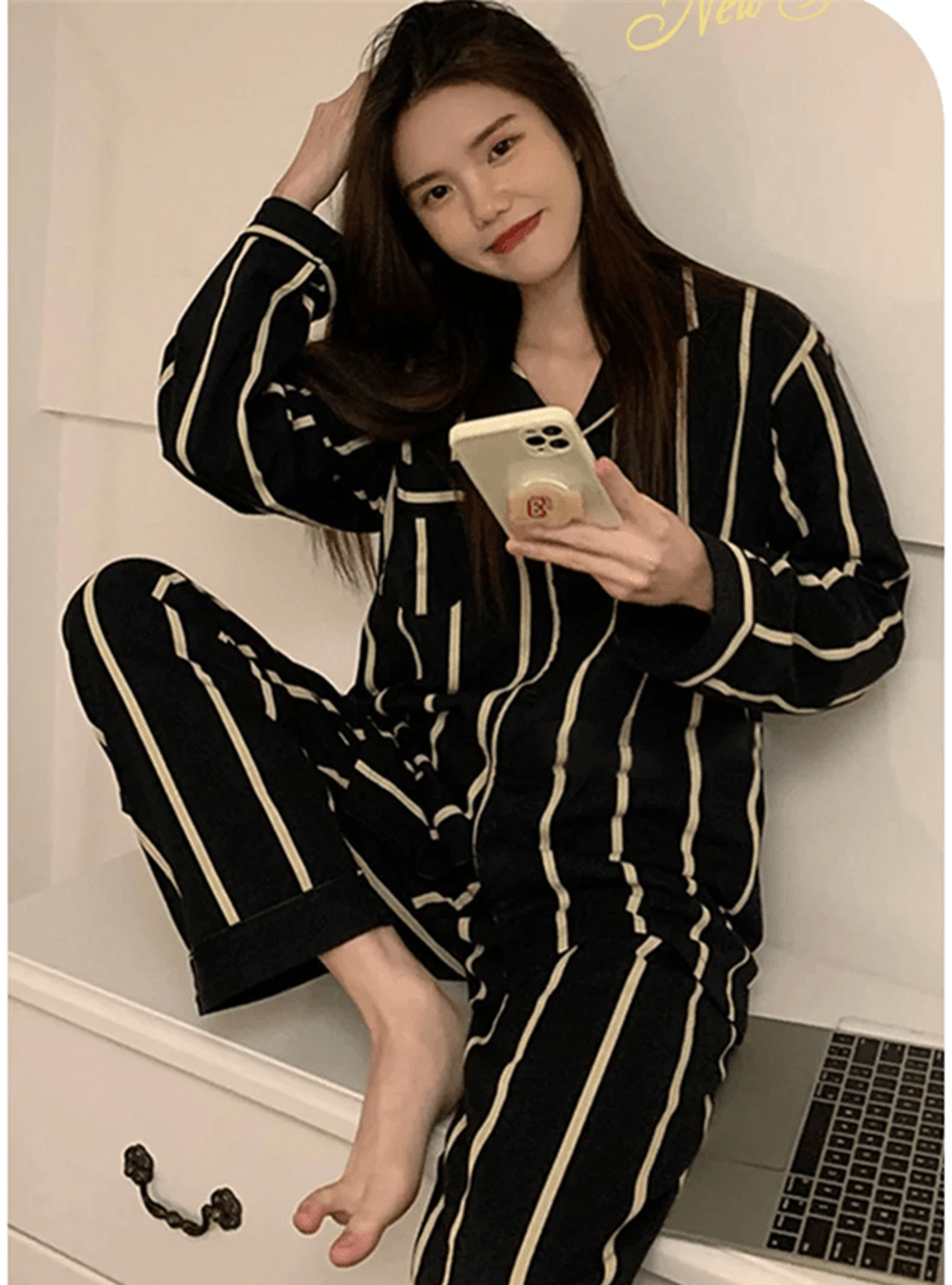 Light Luxury Ice Silk Pajama Set Womens Long Sleeve Striped Nightwear 1