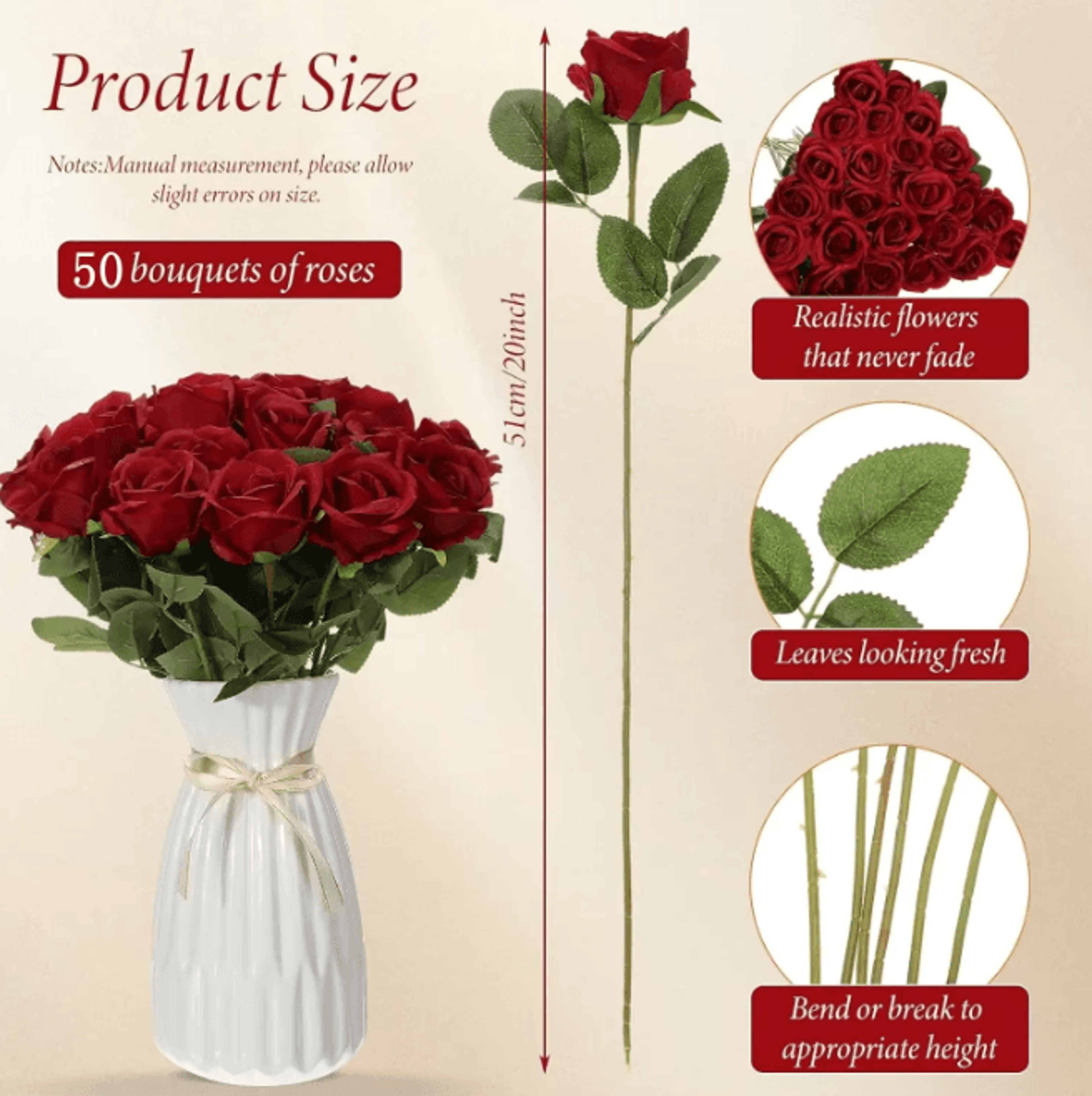 50 Piece Real Touch Artificial Roses Velvet Fake Rose Flowers For DIY Wedding Decor 1