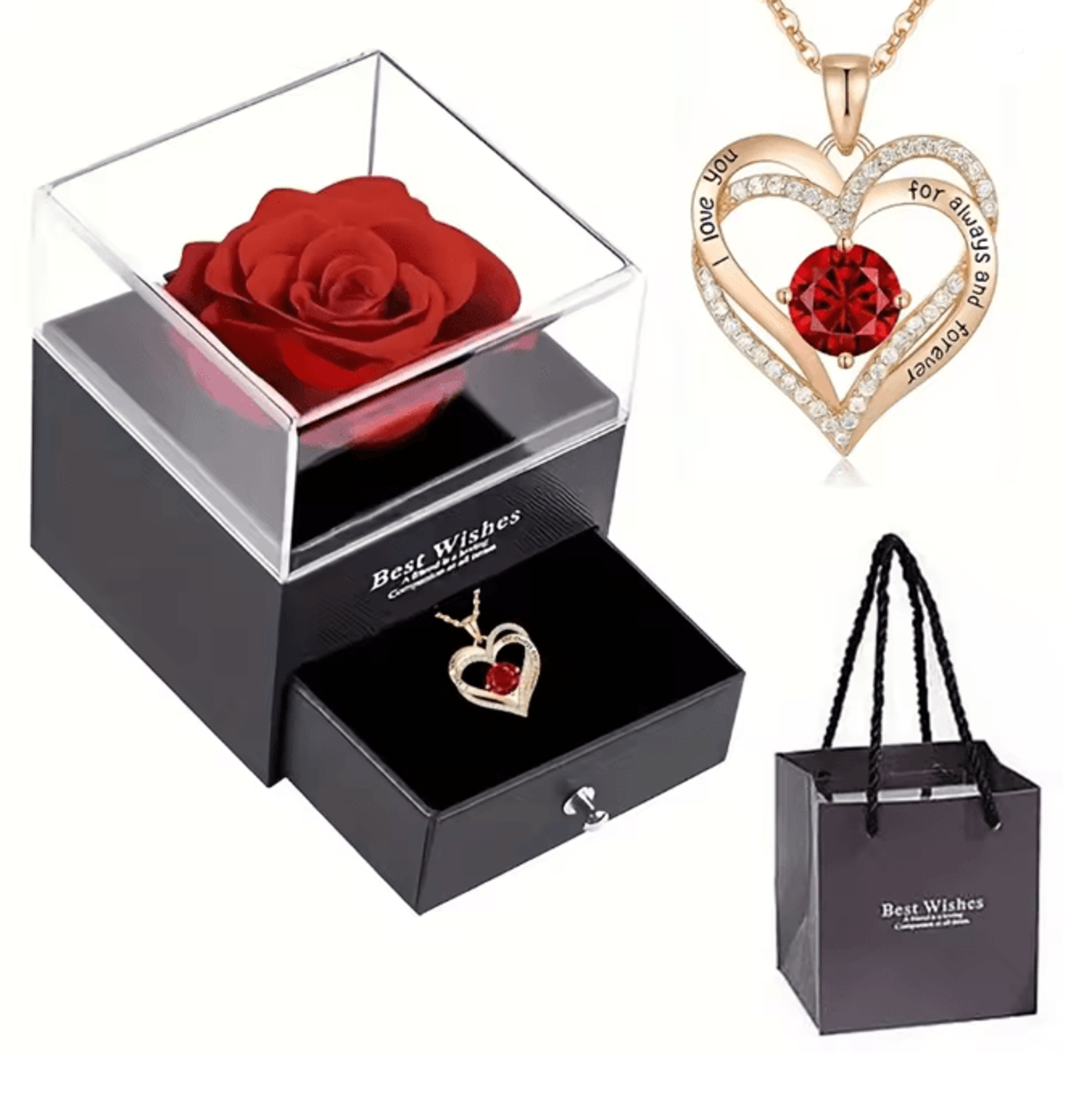 Red Zircon Heart Pendant Necklace With Rose Gift Box For Her 4