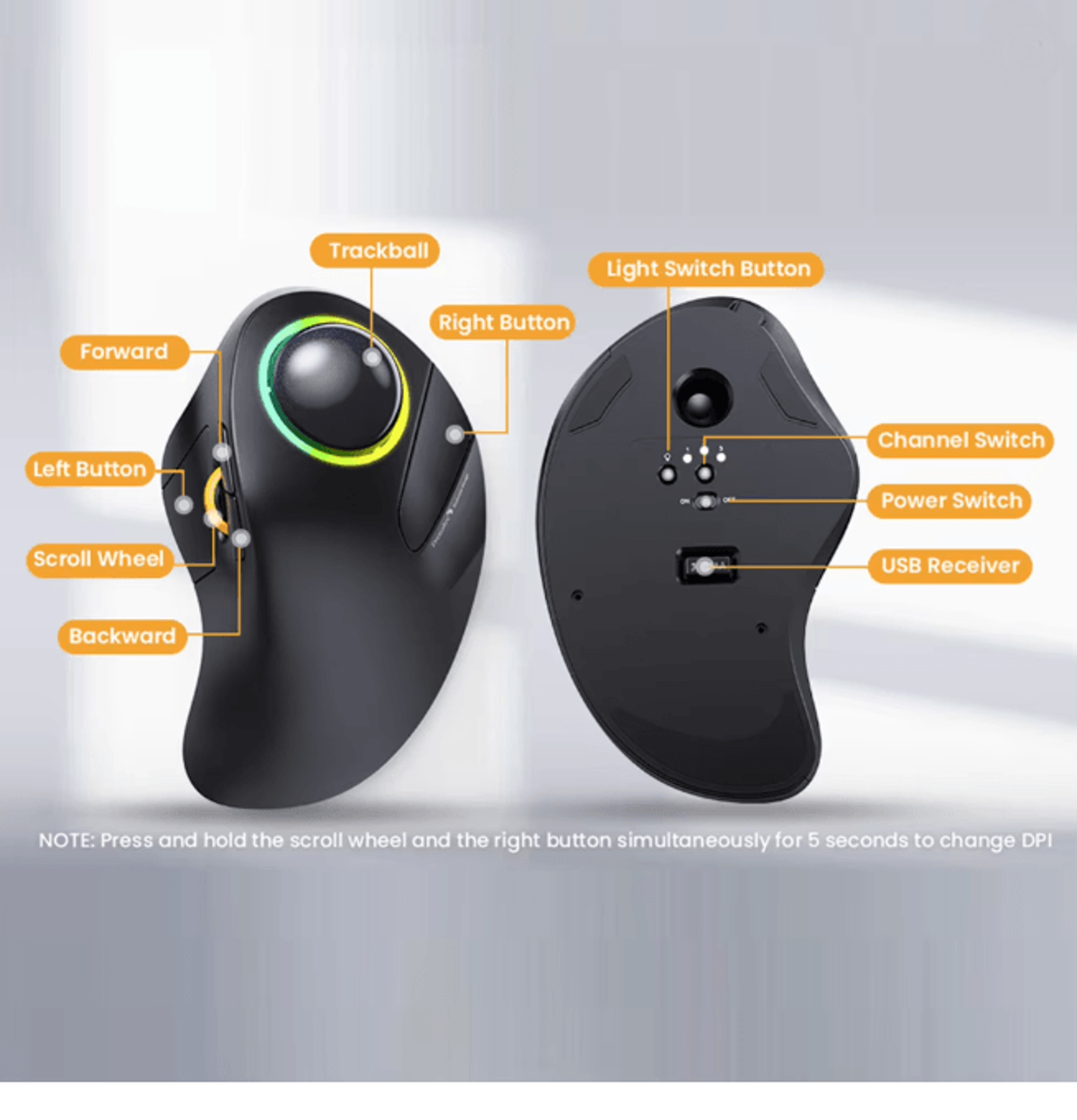 Rechargeable Wireless Trackball Mouse Ergonomic RGB Rollerball For PC And Laptop 3
