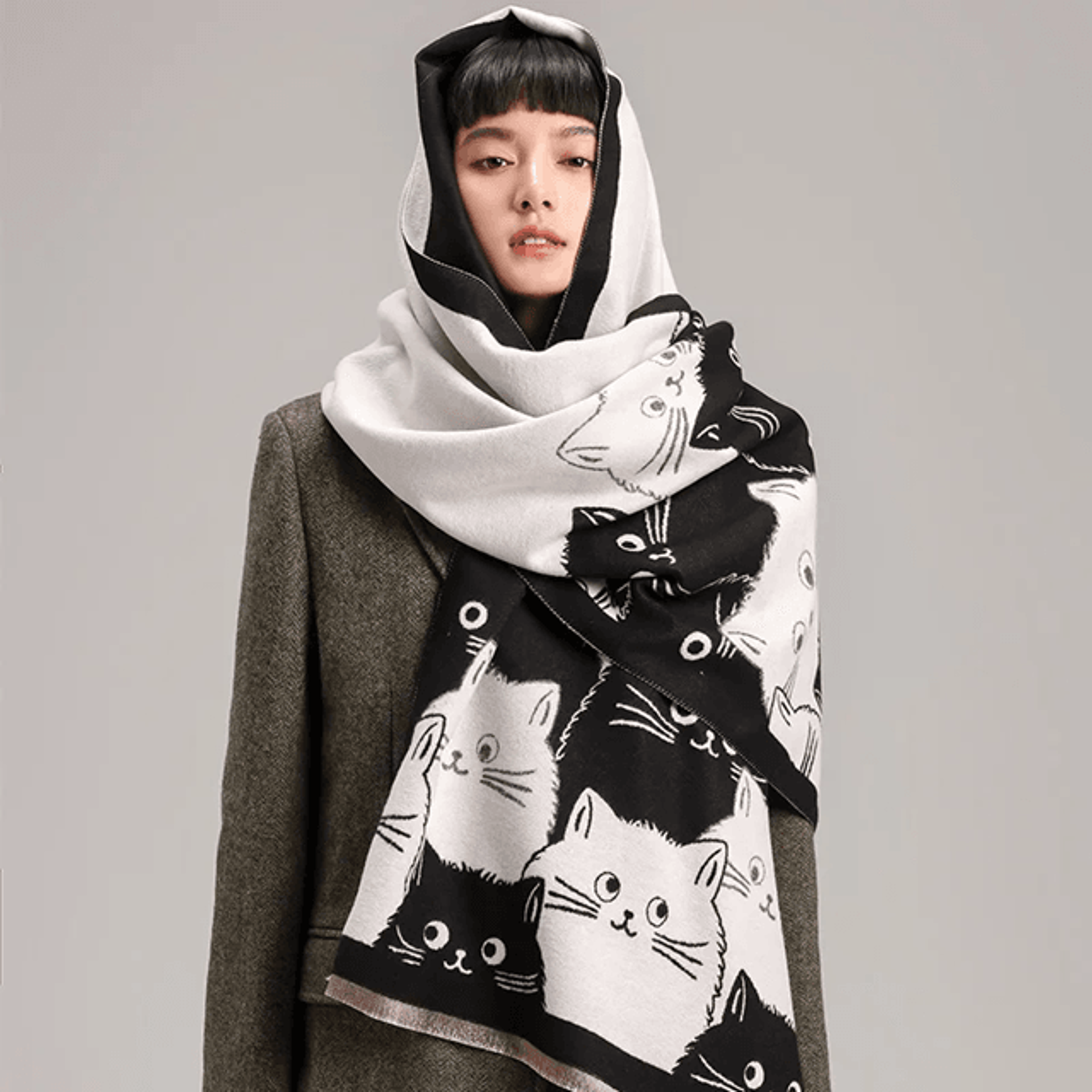 Cute Cat Jacquard Pashmina Cashmere Scarf For Women Winter Blanket Shawl 0