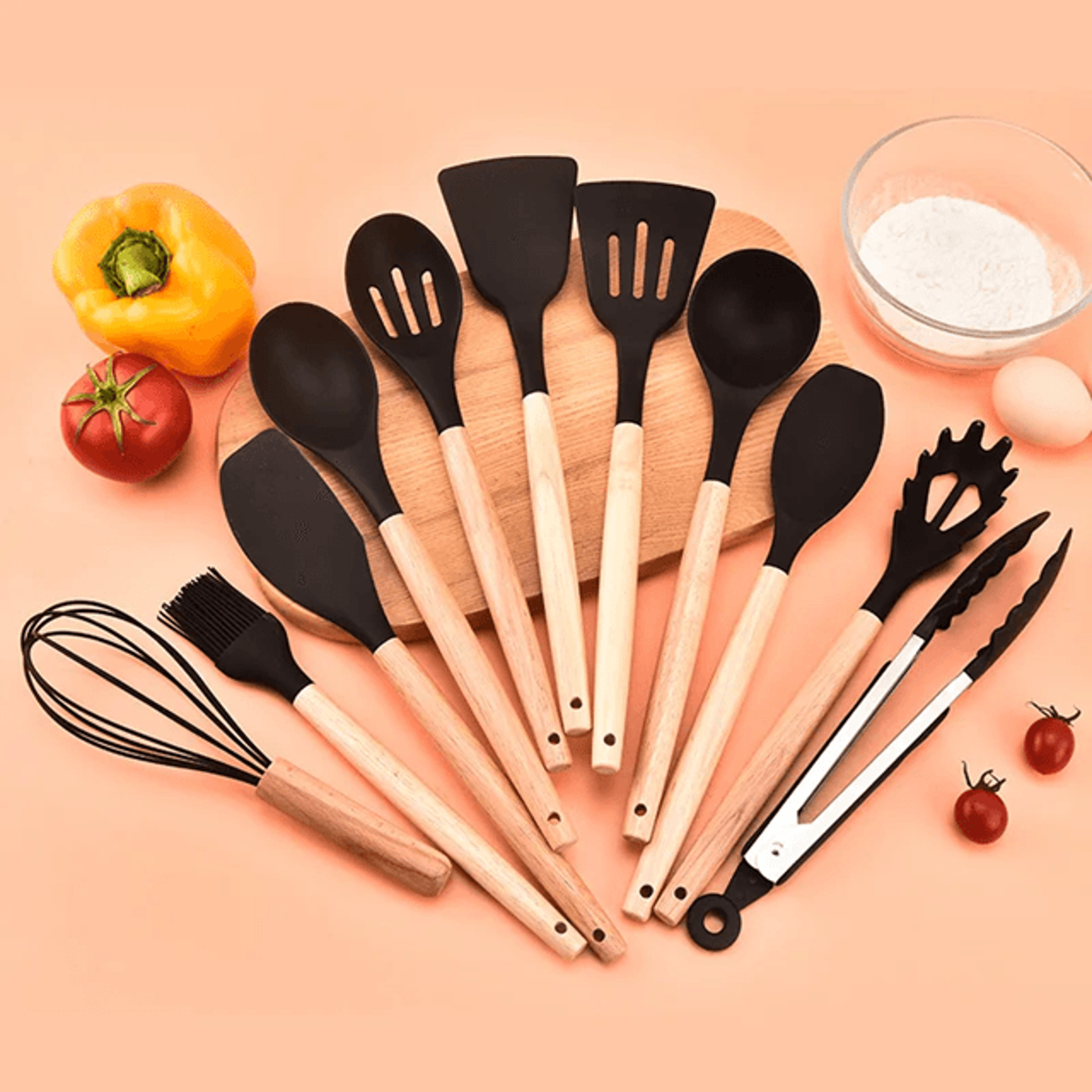 12 Piece Mint Green Silicone Kitchen Utensils Set With Wooden Handles And Holder 1