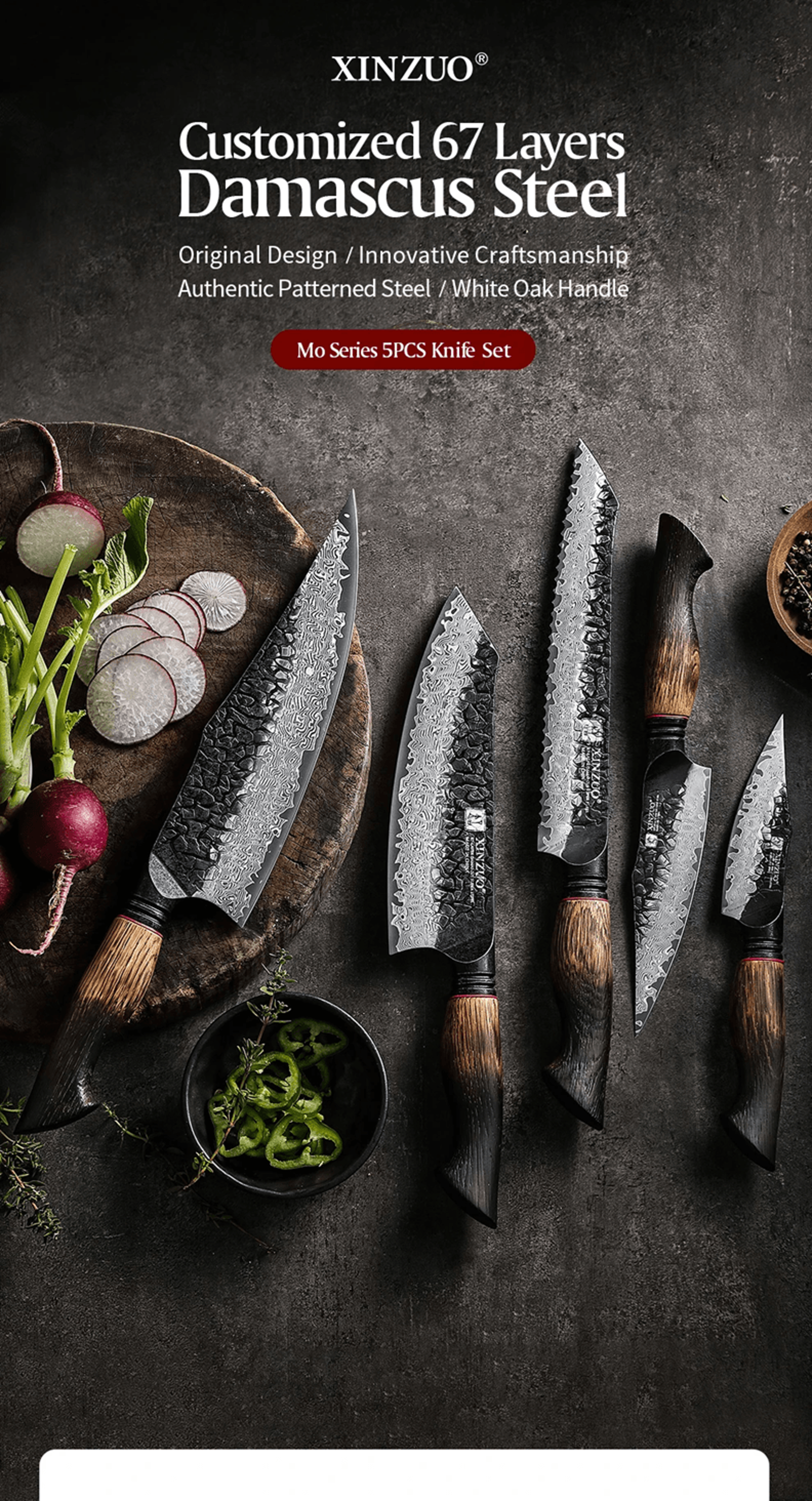 XINZUO 5 Piece Kitchen Knife Set With G10 Oak Handles Chef Santoku Bread And Paring Knives 0