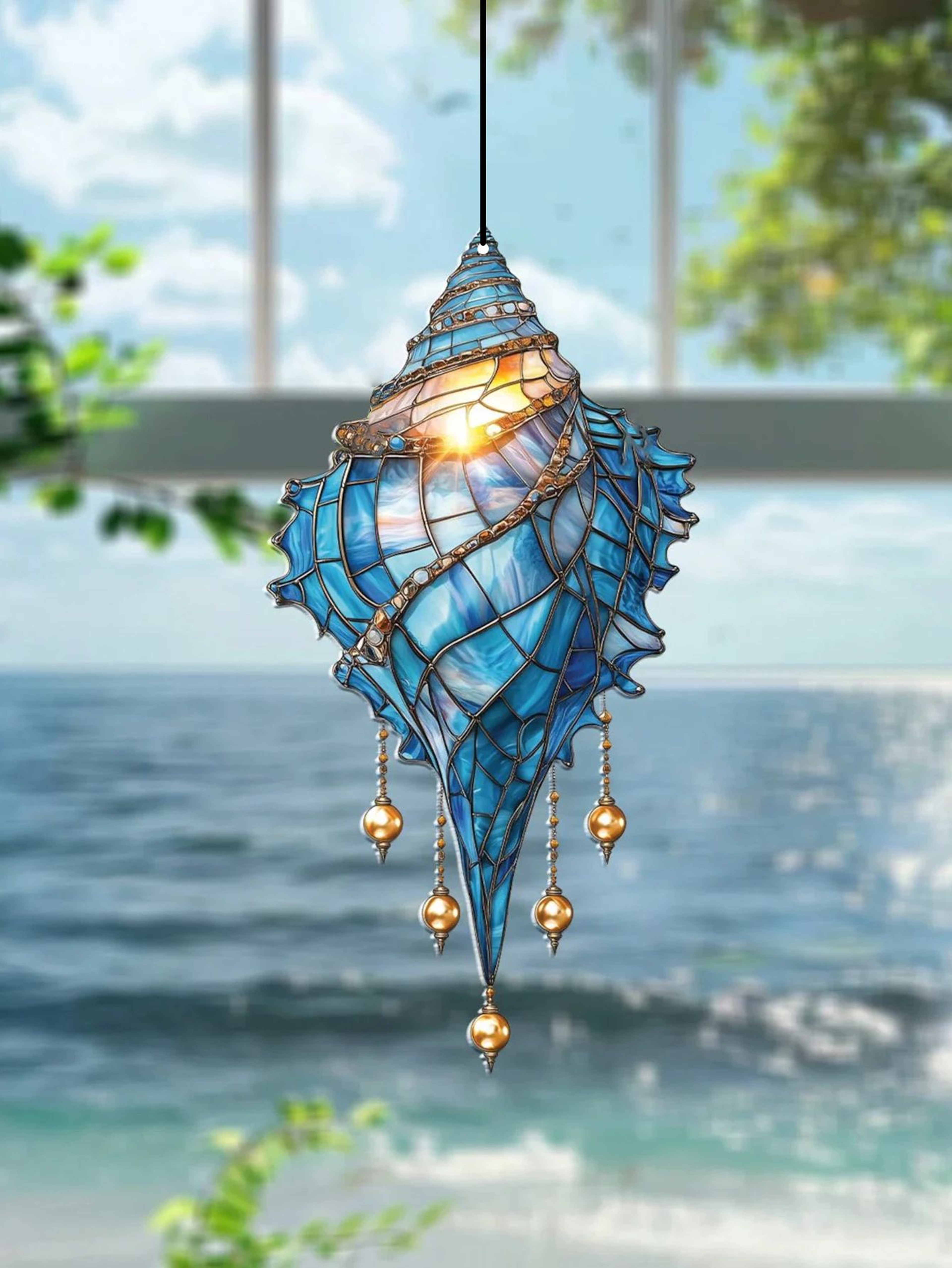 Blue Conch Shell Suncatcher Coastal Window Hanging Decor 3