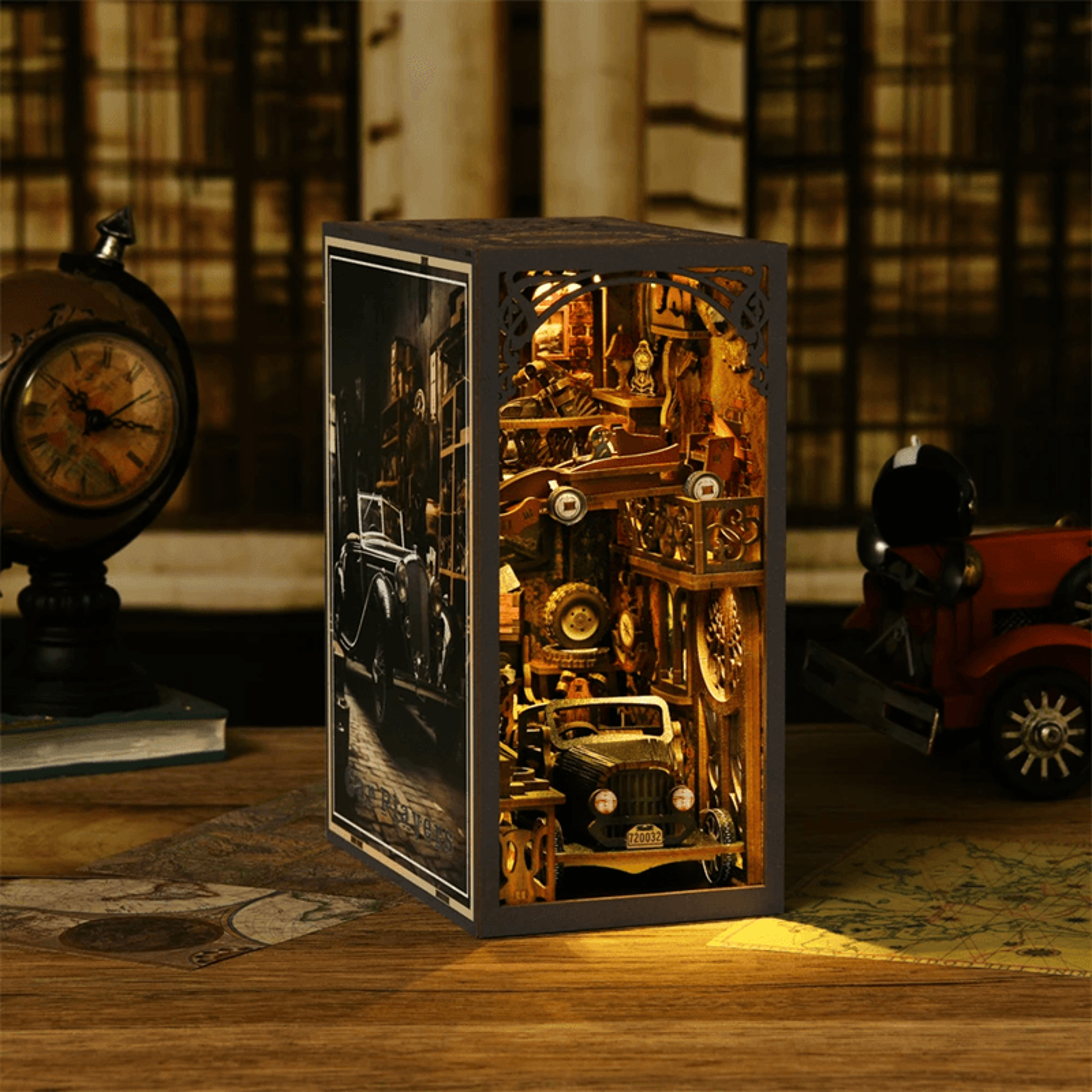 DIY Book Nook Kit Classic Car Wooden Puzzle Bookshelf Insert Decor 4