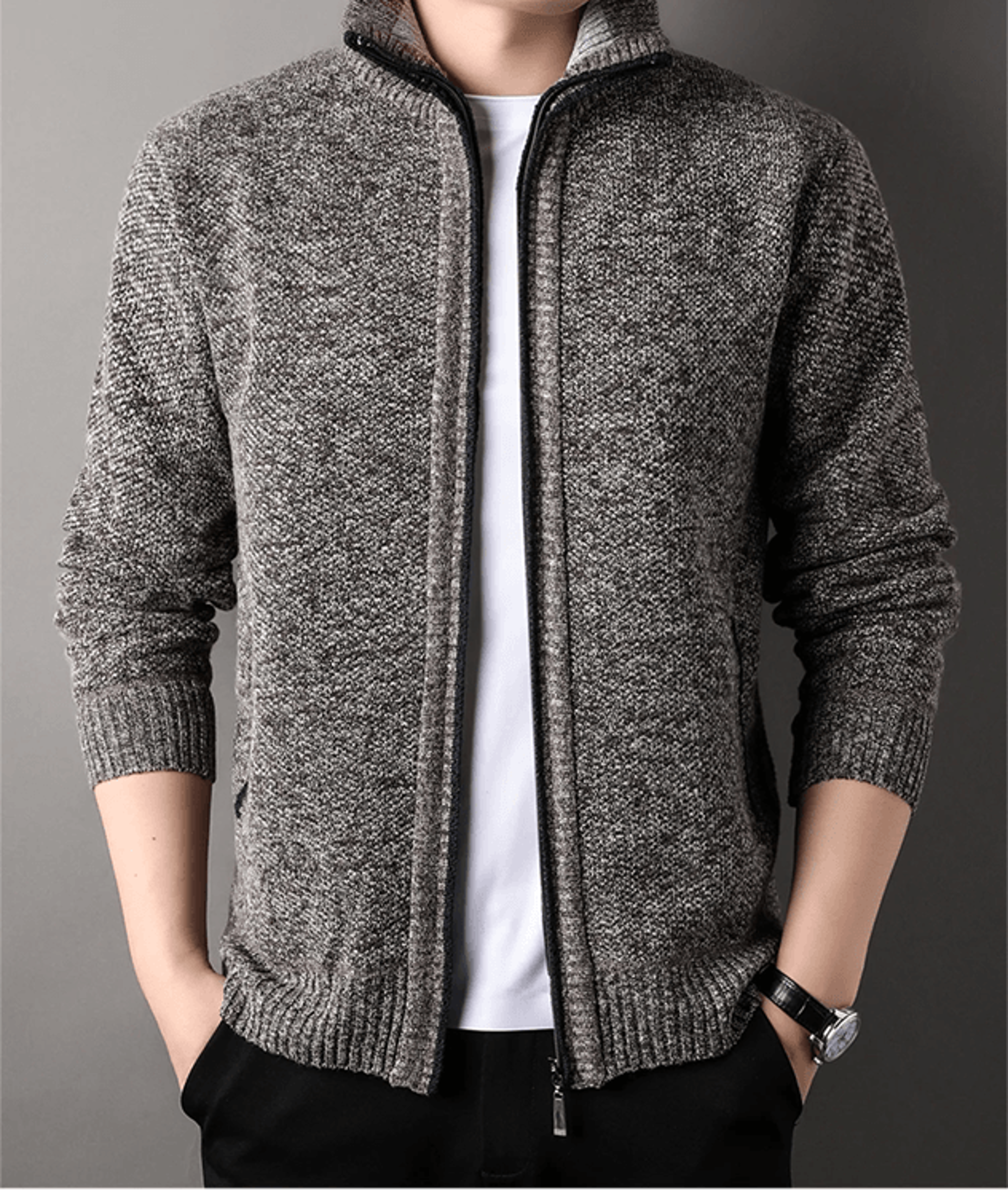Mens Stand Collar Knit Cardigan Sweater Jacket 1