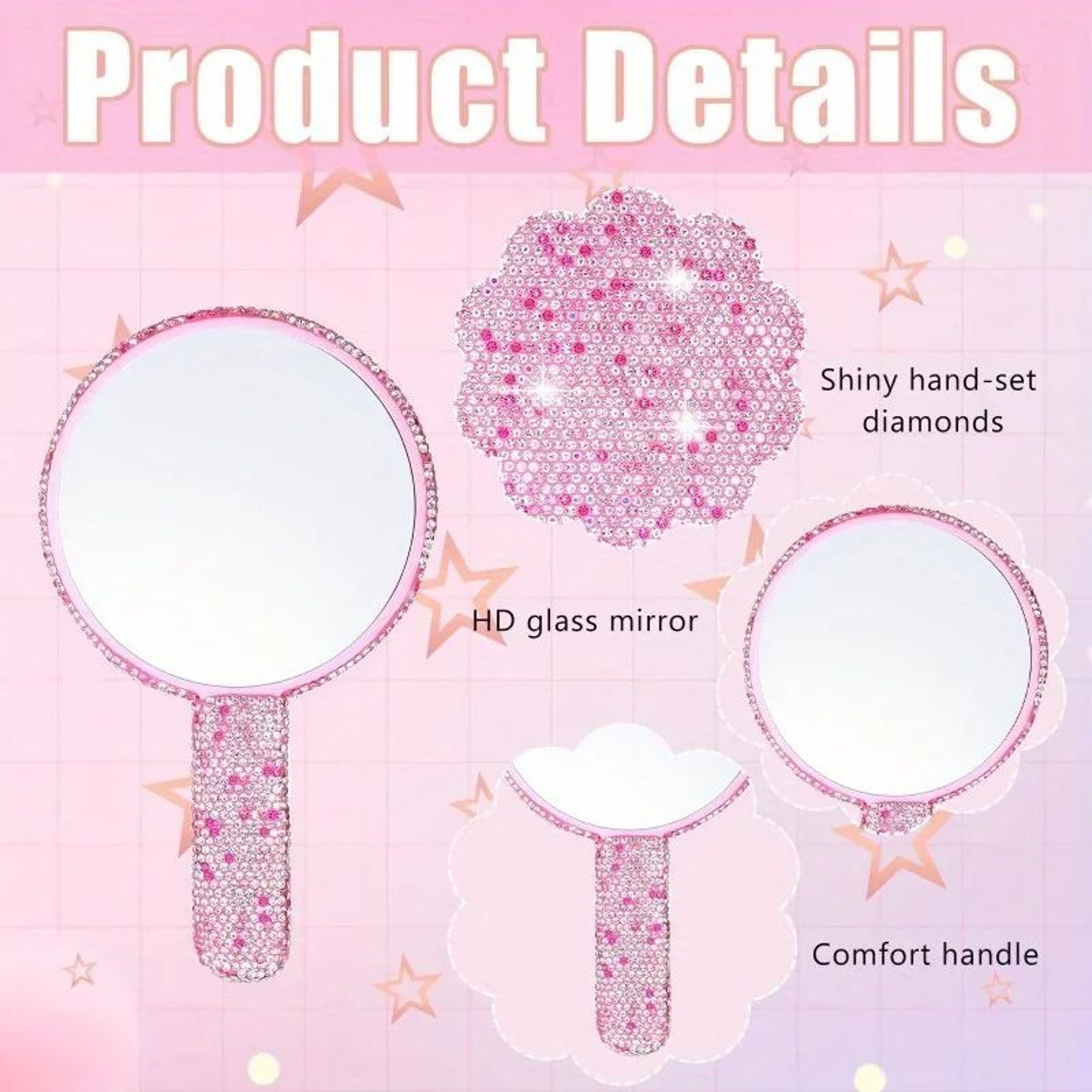 Diamond Handle Handheld Makeup Mirror Luxury Beauty Vanity Mirror For Salon And Travel 2