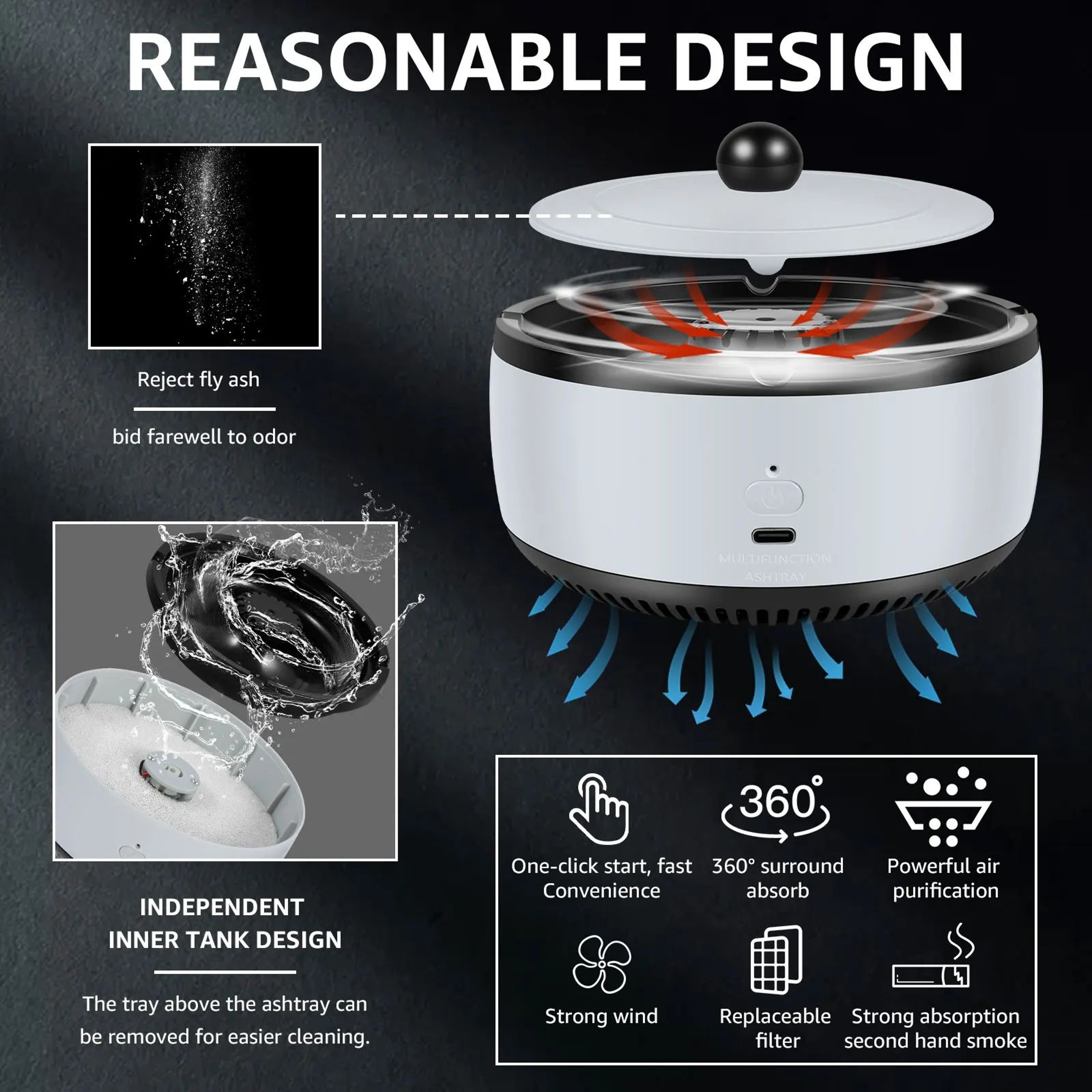 Smoke Purifying Ashtray With Air Filter Odor Control For Home And Office 4