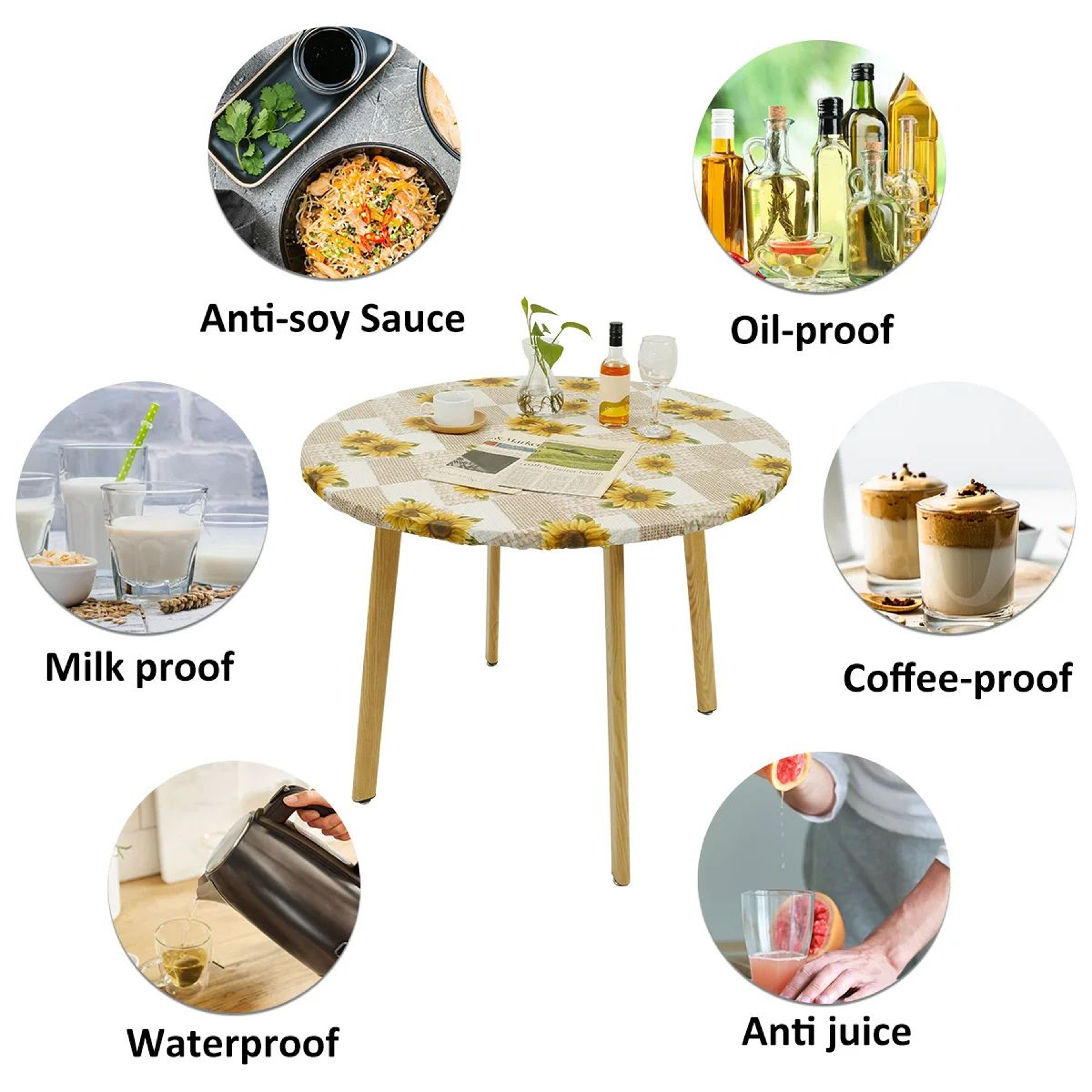 Waterproof Round Tablecloth Elastic Fixation Edged PVC Table Cover Flannel Backed Table Pad OilProo 3