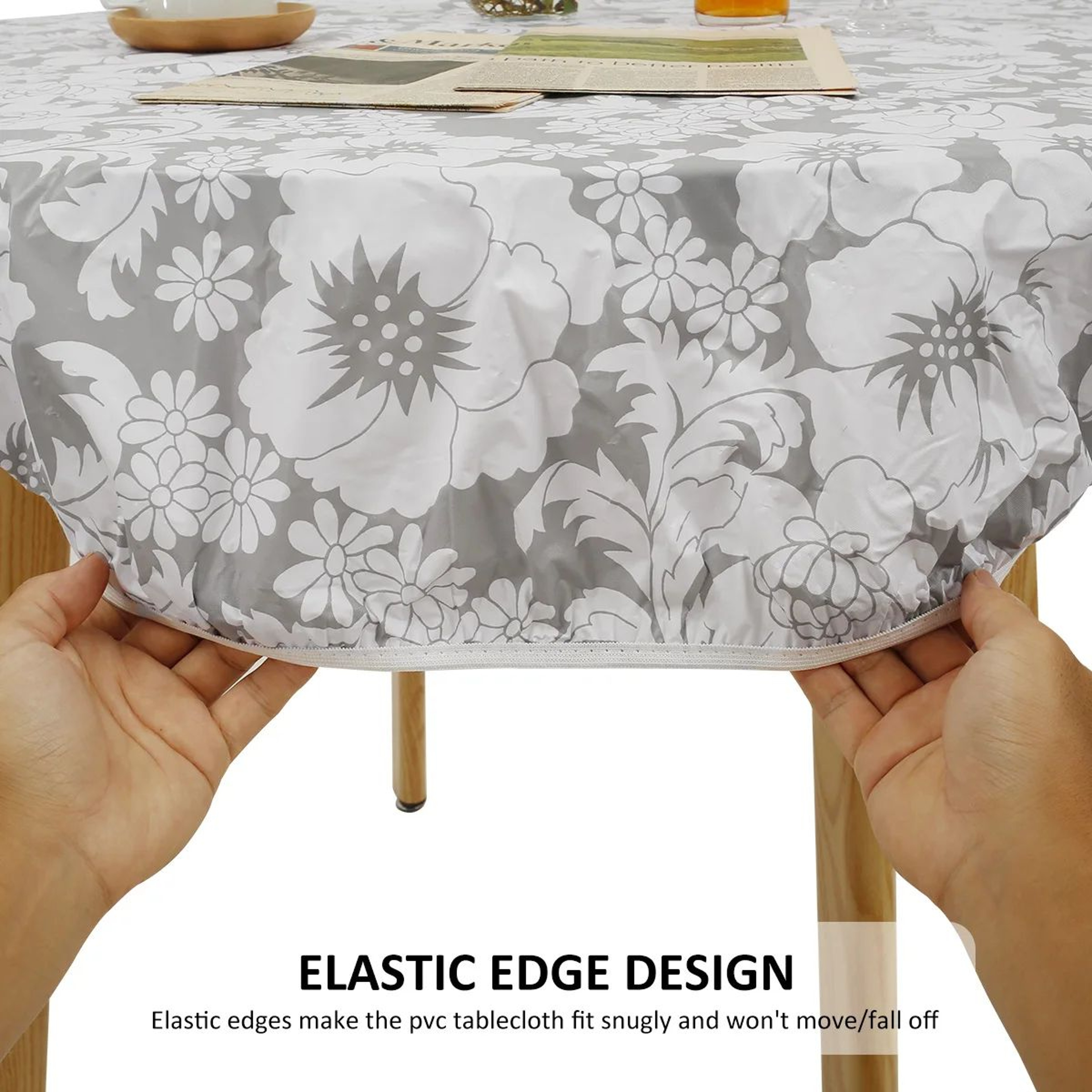 Waterproof Round Tablecloth Elastic Fixation Edged PVC Table Cover Flannel Backed Table Pad OilProo 5