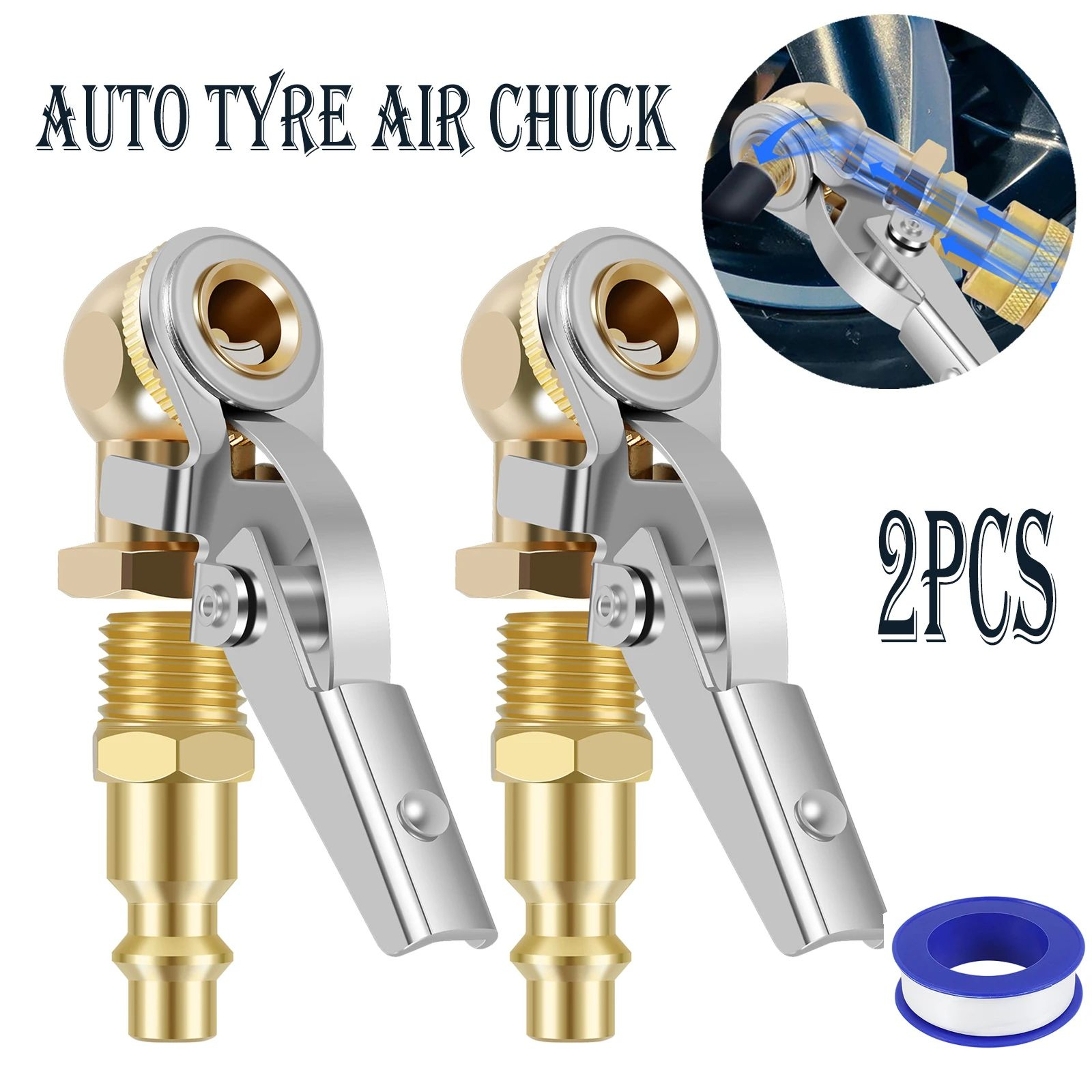 2 Piece Tire Air Chuck Adapter Set Quick Connect Inflator Valve Nozzle For Car Air Pump 0