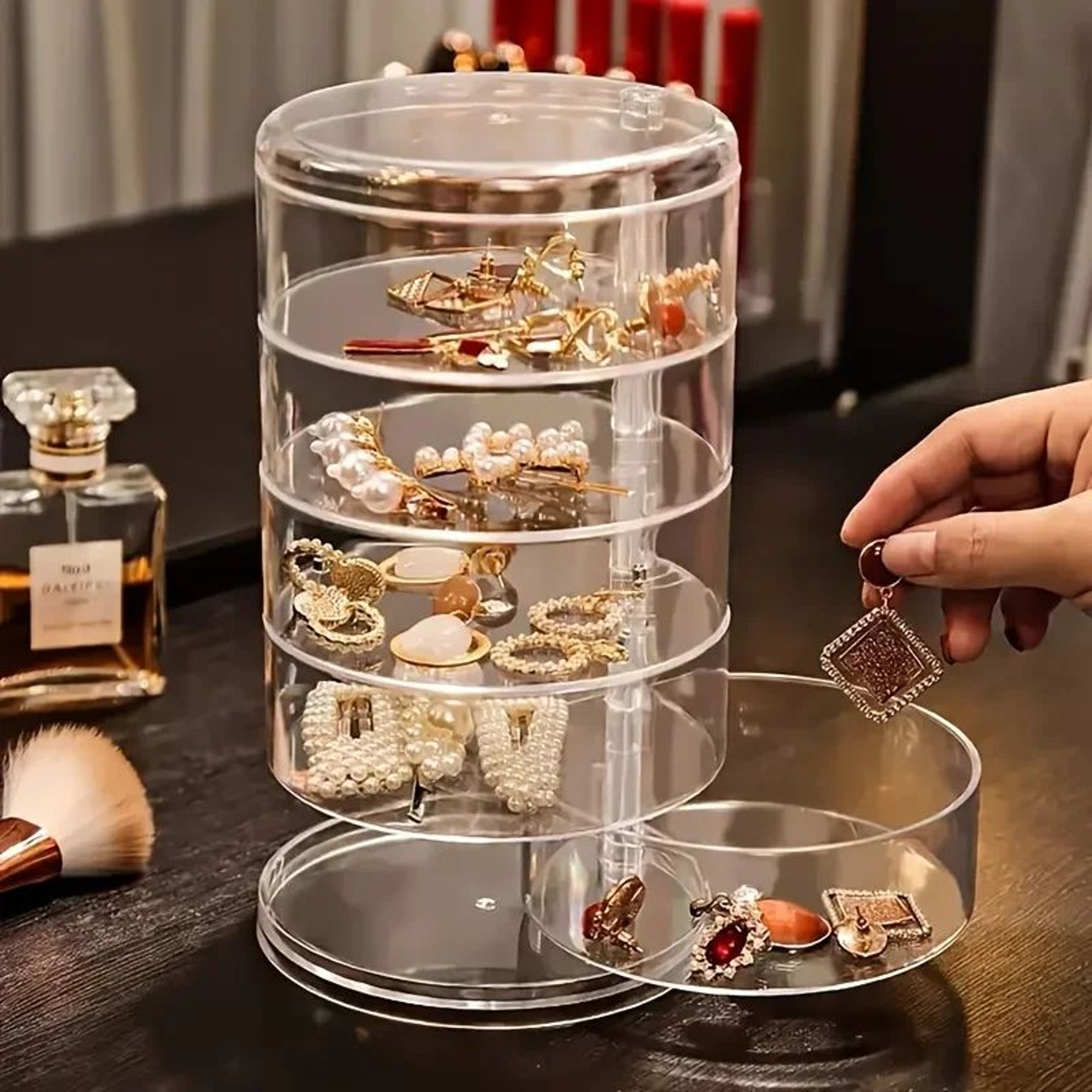 Rotating Jewelry Organizer Box Clear Cosmetic Storage Case Dustproof Makeup Holder 0
