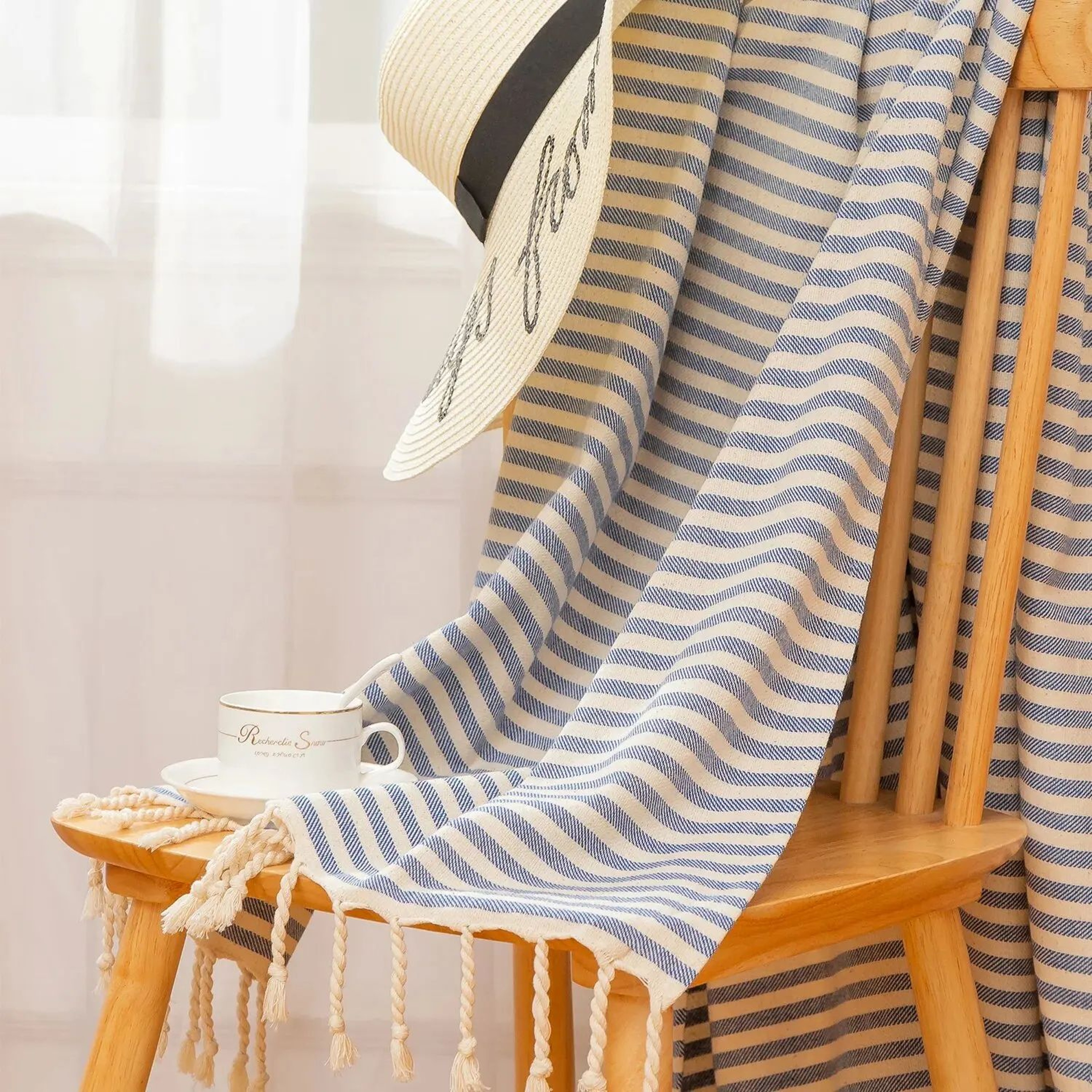Luxury Turkish Cotton Beach Towel Oversized Striped Tassel Bath Wrap 5